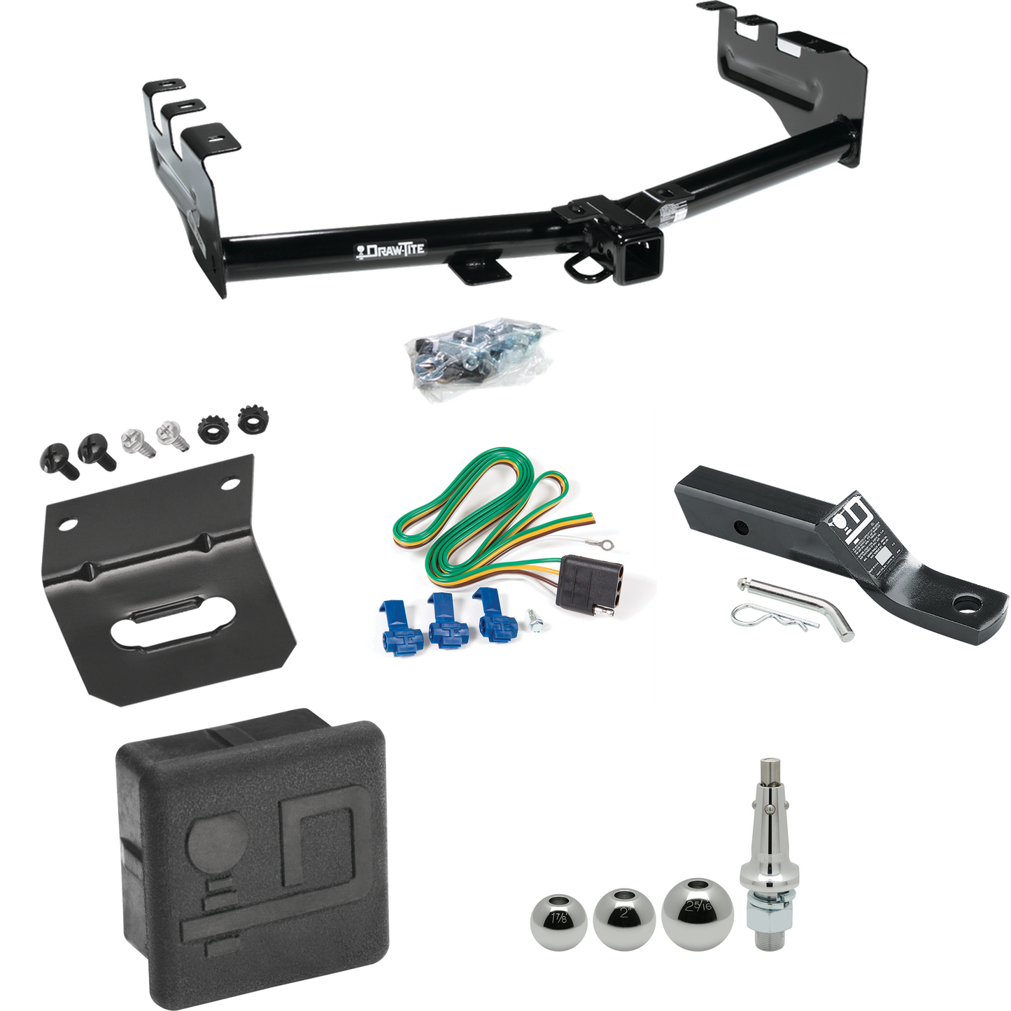 Se adapta al paquete de enganche de remolque Chevrolet Silverado 2500 1999-2004 con 4 cables planos + soporte de bola con caída de 2" + bola intercambiable de 1-7/8" y 2" y 2-5/16" + soporte de cableado + cubierta de enganche Por Draw-Tite