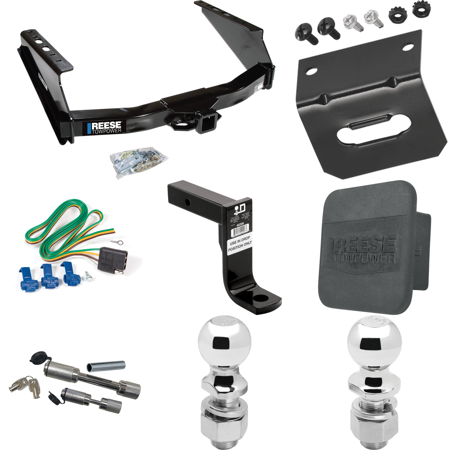 Fits 1999-2023 Ford F-250 Super Duty Trailer Hitch Tow PKG w/ 4-Flat Wiring Harness + Ball Mount w/ 8" Drop + Dual Hitch & Coupler Locks + 2" Ball + 2-5/16" Ball + Hitch Cover + Wiring Bracket (Excludes: Cab & Chassis Models) By Reese Towpower