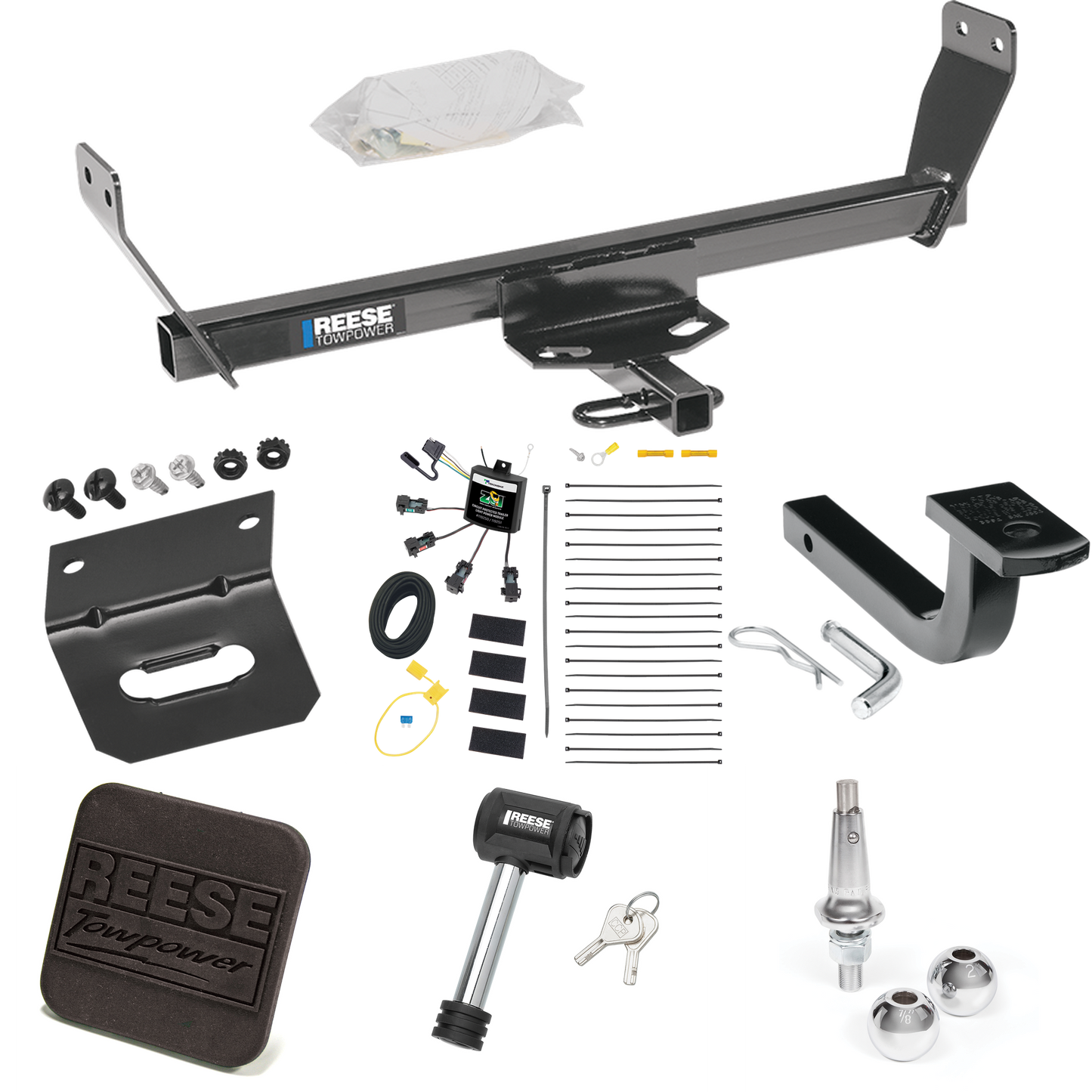 Fits 2007-2010 Chrysler Sebring Trailer Hitch Tow PKG w/ 4-Flat Zero Contact "No Splice" Wiring Harness + Draw-Bar + Interchangeable 1-7/8" & 2" Balls + Wiring Bracket + Hitch Cover + Hitch Lock (For Convertible Models) By Reese Towpower