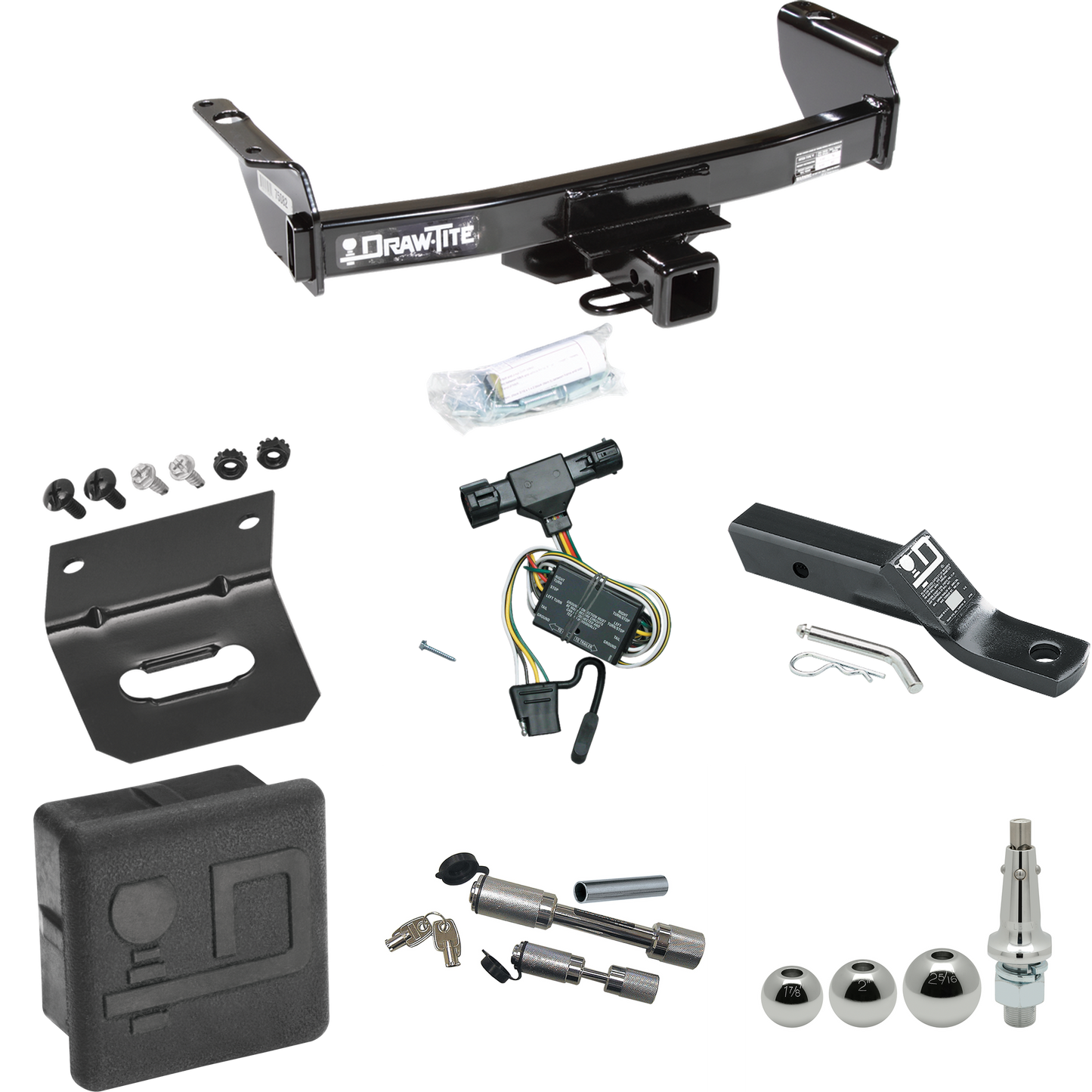 Fits 1994-1997 Mazda B2300 Trailer Hitch Tow PKG w/ 4-Flat Wiring + Ball Mount w/ 2" Drop + Interchangeable Ball 1-7/8" & 2" & 2-5/16" + Wiring Bracket + Dual Hitch & Coupler Locks + Hitch Cover By Draw-Tite