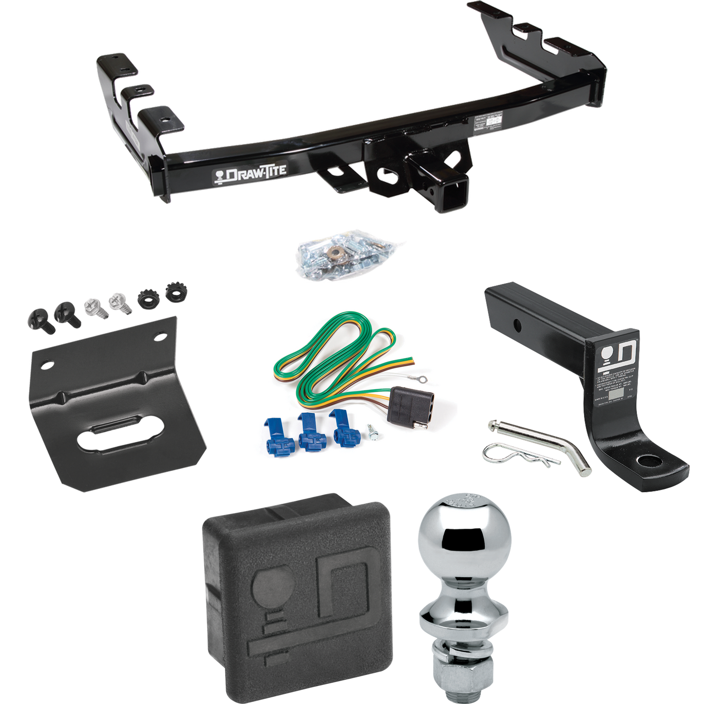 Fits 2001-2003 GMC Sierra 1500 HD Trailer Hitch Tow PKG w/ 4-Flat Wiring + Ball Mount w/ 4" Drop + 1-7/8" Ball + Wiring Bracket + Hitch Cover By Draw-Tite