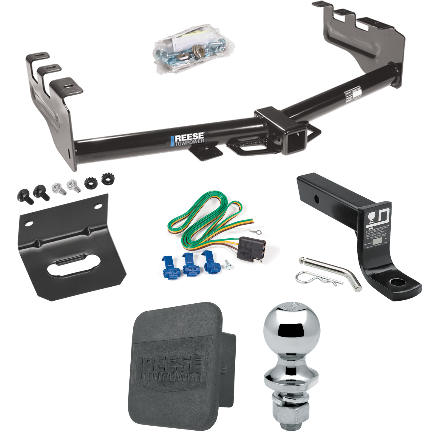 Fits 2001-2003 GMC Sierra 1500 HD Trailer Hitch Tow PKG w/ 4-Flat Wiring + Ball Mount w/ 4" Drop + 1-7/8" Ball + Wiring Bracket + Hitch Cover By Reese Towpower