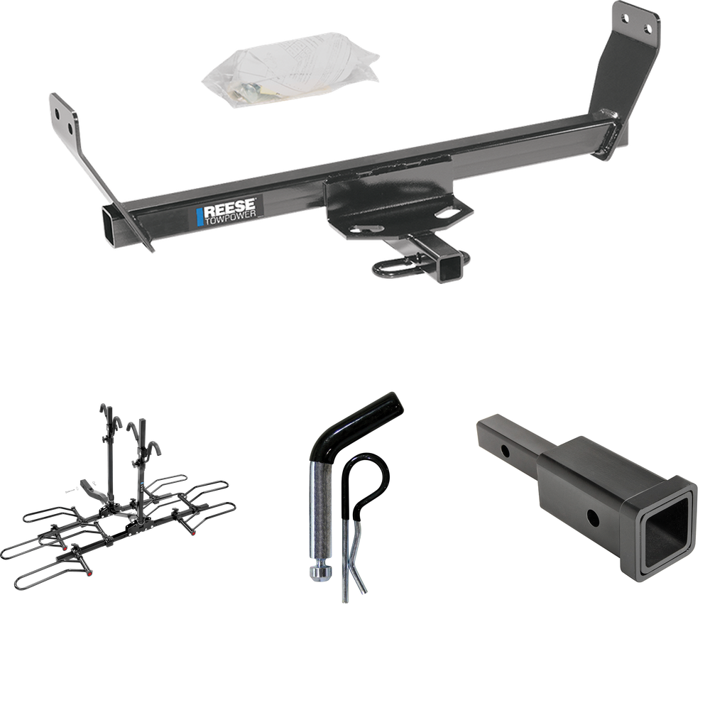 Fits 2007-2010 Chrysler Sebring Trailer Hitch Tow PKG w/ Hitch Adapter 1-1/4" to 2" Receiver + 1/2" Pin & Clip + 4 Bike Carrier Platform Rack (Excludes: Convertible Models) By Reese Towpower