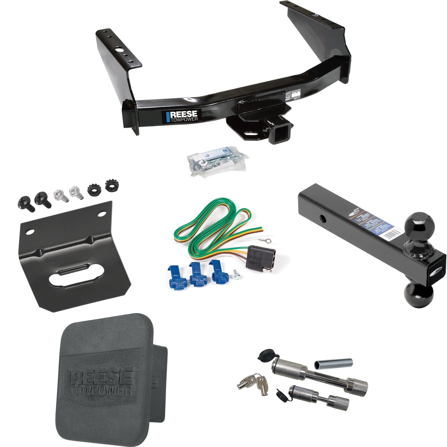 Fits 1999-2004 Ford F-350 Super Duty Trailer Hitch Tow PKG w/ 4-Flat Wiring Harness + Dual Ball Ball Mount 2" & 2-5/16" Trailer Balls + Dual Hitch & Coupler Locks + Hitch Cover + Wiring Bracket (Excludes: Cab & Chassis Models) By Reese Towpower