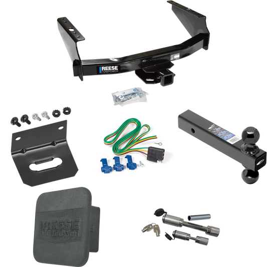 Fits 1999-2004 Ford F-350 Super Duty Trailer Hitch Tow PKG w/ 4-Flat Wiring Harness + Dual Ball Ball Mount 2" & 2-5/16" Trailer Balls + Dual Hitch & Coupler Locks + Hitch Cover + Wiring Bracket (Excludes: Cab & Chassis Models) By Reese Towpower