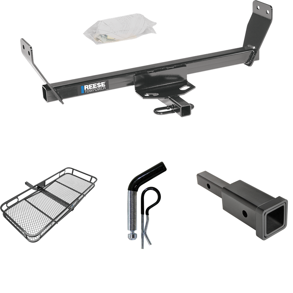 Fits 2008-2014 Dodge Avenger Trailer Hitch Tow PKG w/ Hitch Adapter 1-1/4" to 2" Receiver + 1/2" Pin & Clip + 60" x 24" Cargo Carrier Rack By Reese Towpower