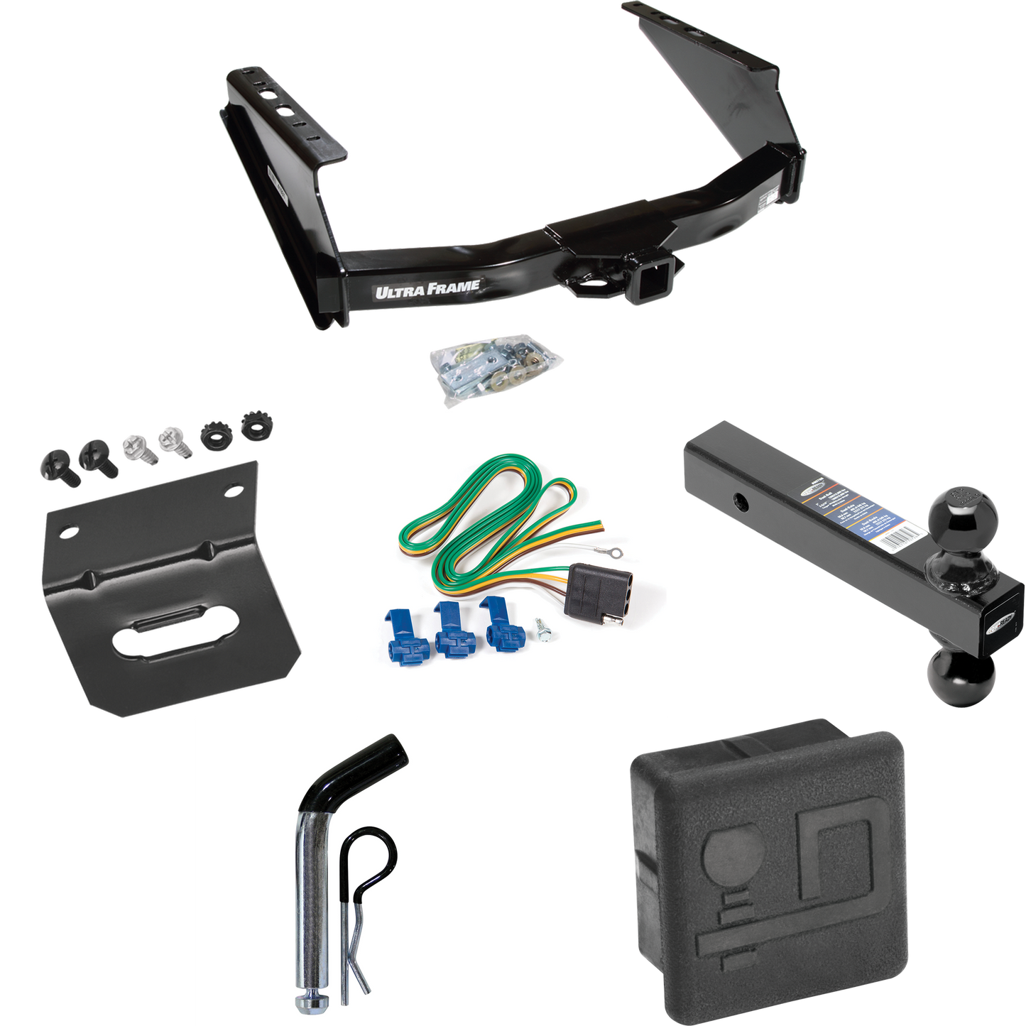 Fits 1999-2016 Ford F-250 Super Duty Trailer Hitch Tow PKG w/ 4-Flat Wiring Harness + Dual Ball Ball Mount 2" & 2-5/16" Trailer Balls + Pin/Clip + Hitch Cover + Wiring Bracket (Excludes: Cab & Chassis Models) By Draw-Tite