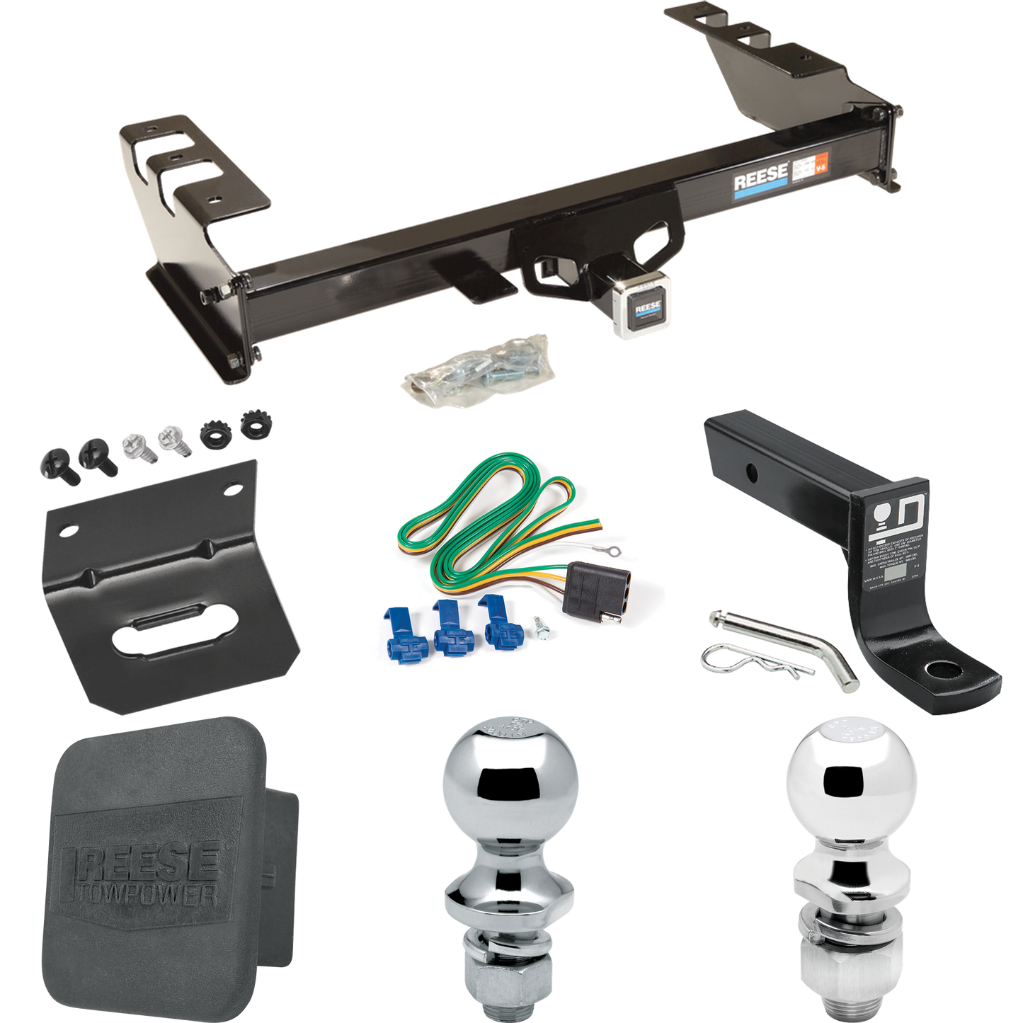 Fits 2003-2007 GMC Sierra 1500 Trailer Hitch Tow PKG w/ 4-Flat Wiring + Ball Mount w/ 4" Drop + 2" Ball + 1-7/8" Ball + Wiring Bracket + Hitch Cover (For (Classic) Models) By Reese Towpower