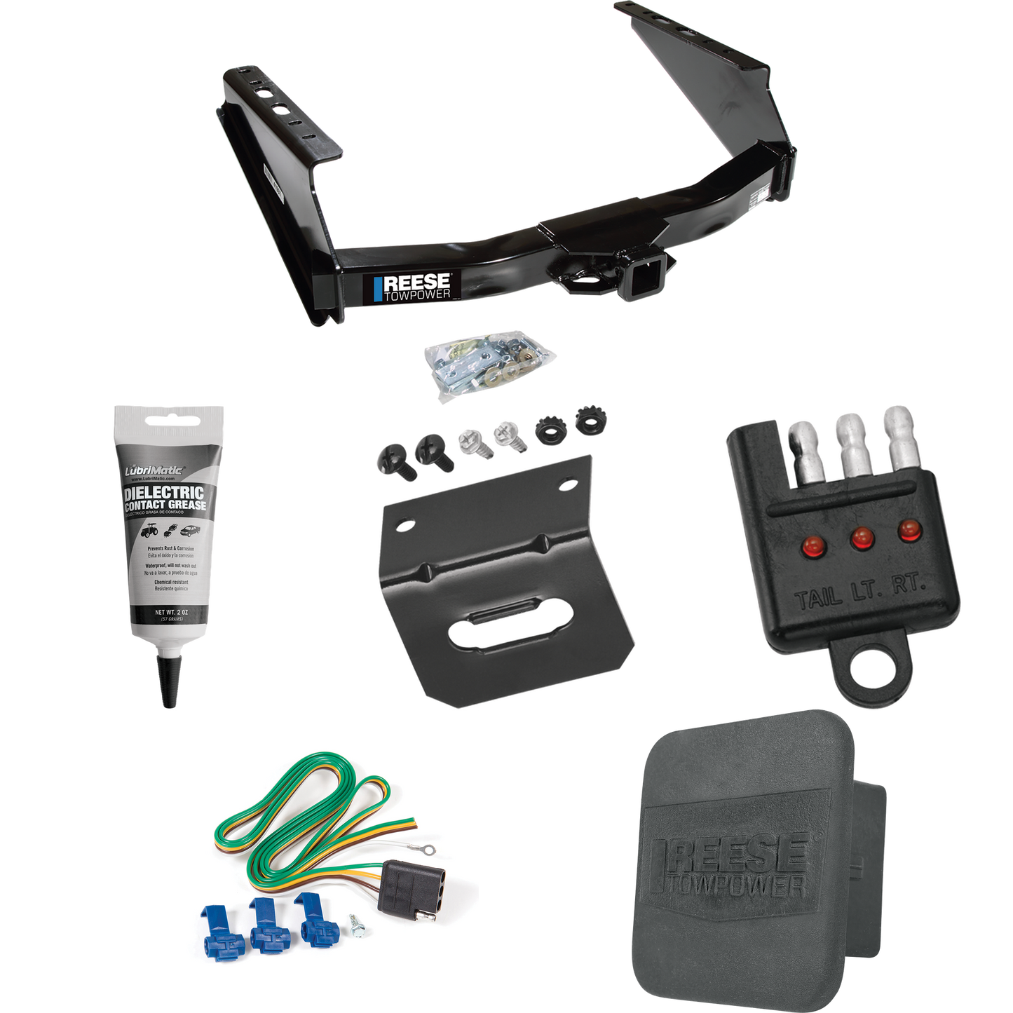 Fits 1999-2023 Ford F-350 Super Duty Trailer Hitch Tow PKG w/ 4-Flat Wiring Harness + Hitch Cover + Wiring Bracket + Wiring Tester + Electric Grease (Excludes: Cab & Chassis Models) By Reese Towpower