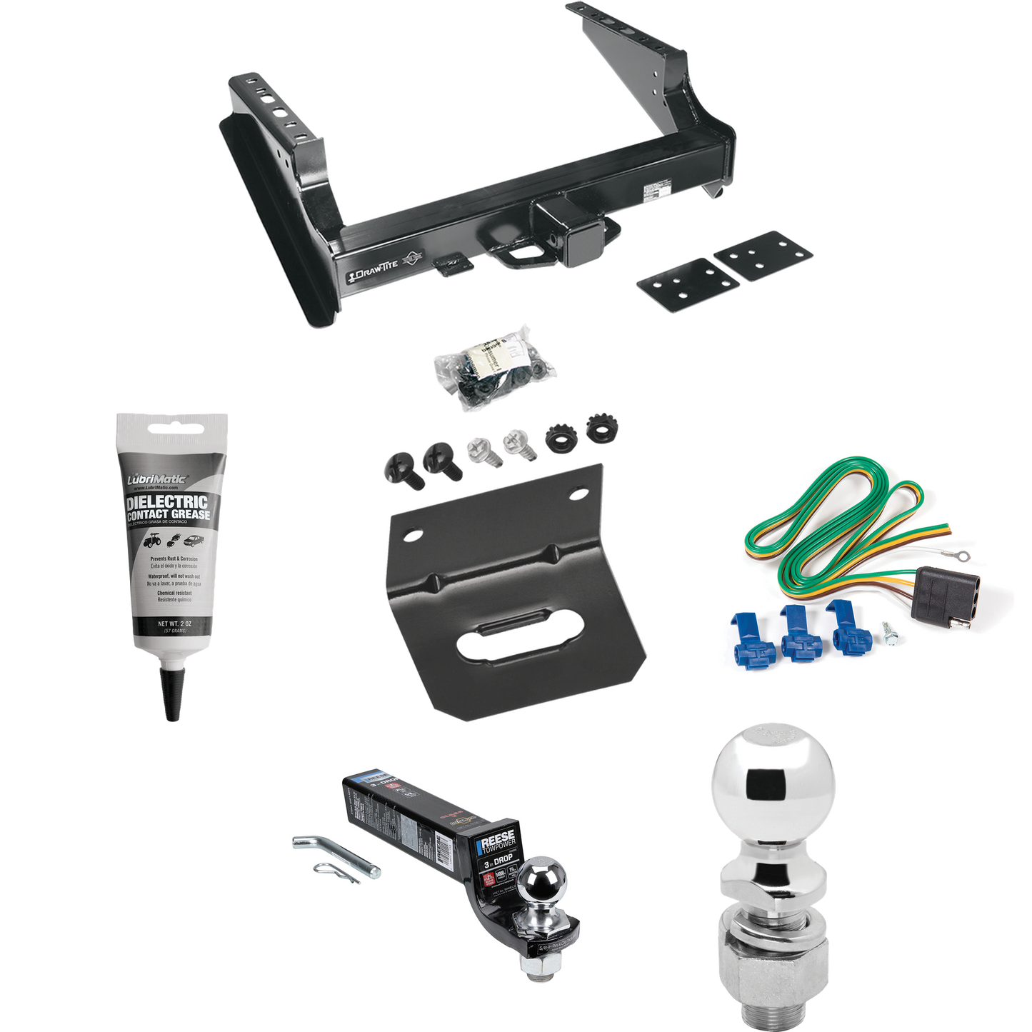 Fits 2008-2016 Ford F-450 Super Duty Trailer Hitch Tow PKG w/ 4-Flat Wiring Harness + Interlock Ball Mount Starter Kit 3" Drop w/ 2" Ball + 2-5/16" Ball + Wiring Bracket + Electric Grease (Excludes: Cab & Chassis Models) By Draw-Tite