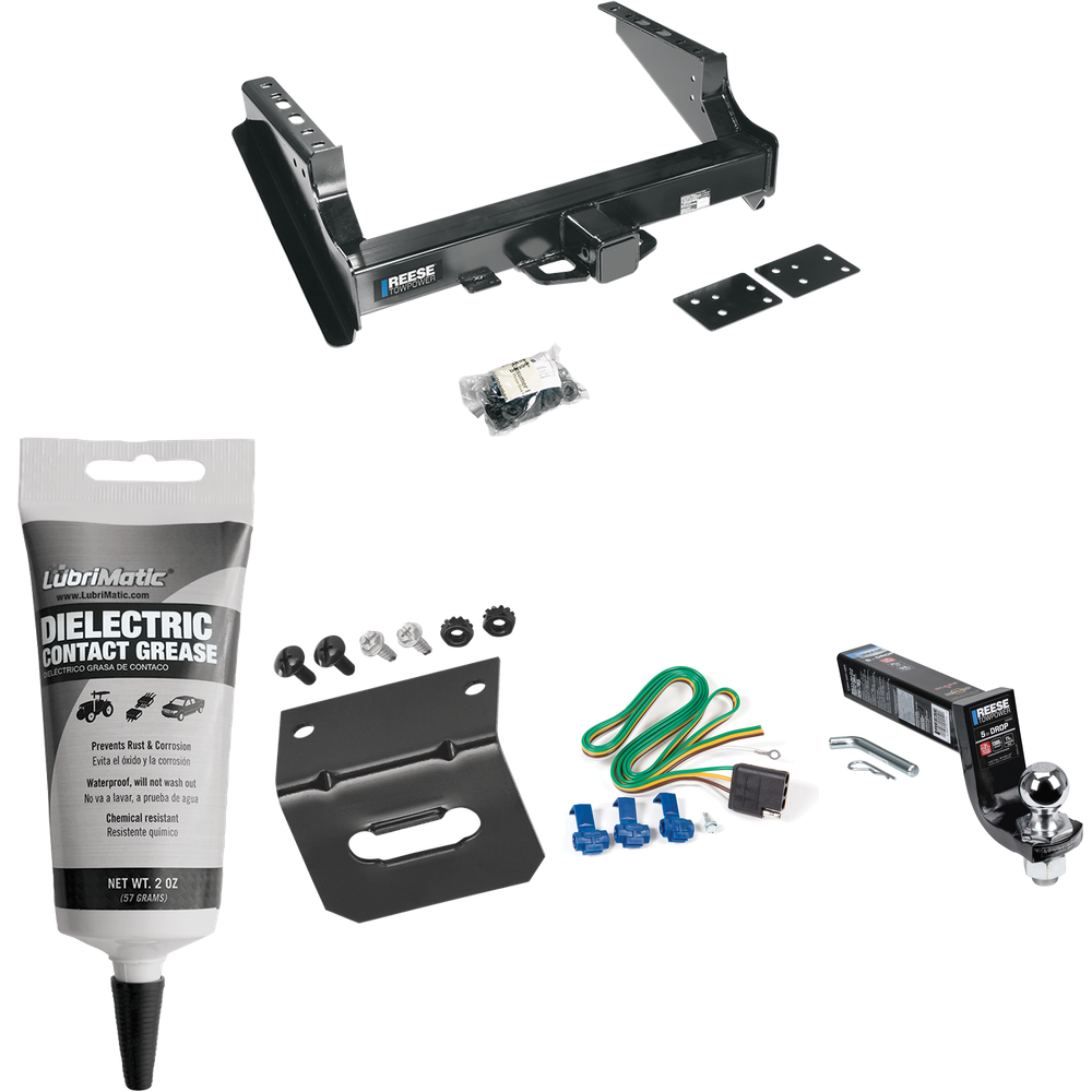 Fits 2008-2023 Ford F-450 Super Duty Trailer Hitch Tow PKG w/ 4-Flat Wiring Harness + Interlock Ball Mount Starter Kit 5" Drop w/ 2" Ball + Wiring Bracket + Electric Grease (Excludes: Cab & Chassis Models) By Reese Towpower