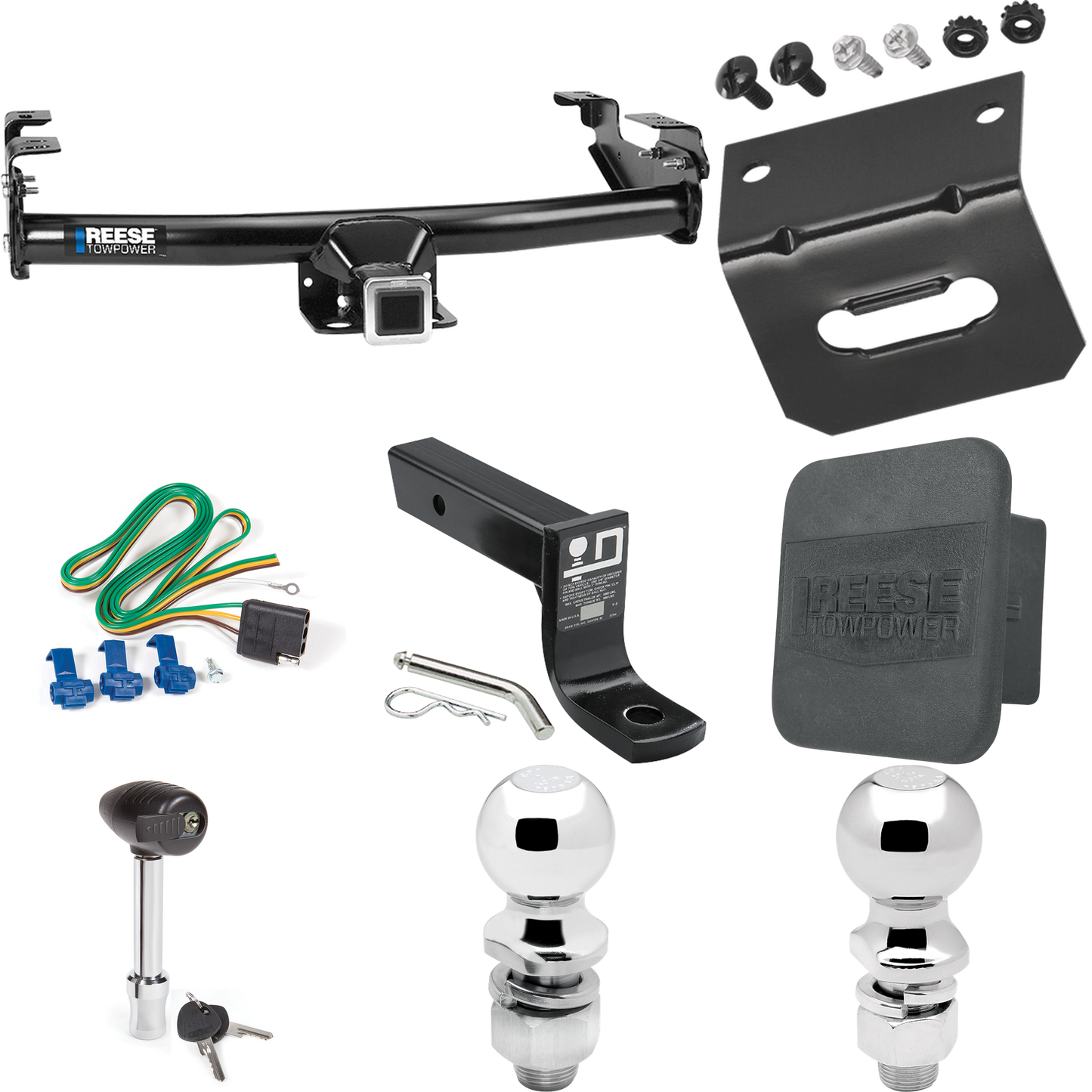 Fits 1980-1986 Ford F-150 Trailer Hitch Tow PKG w/ 4-Flat Wiring + Ball Mount w/ 4" Drop + 2" Ball + 2-5/16" Ball + Wiring Bracket + Hitch Lock + Hitch Cover (Excludes: w/Custom Fascia Models) By Reese Towpower