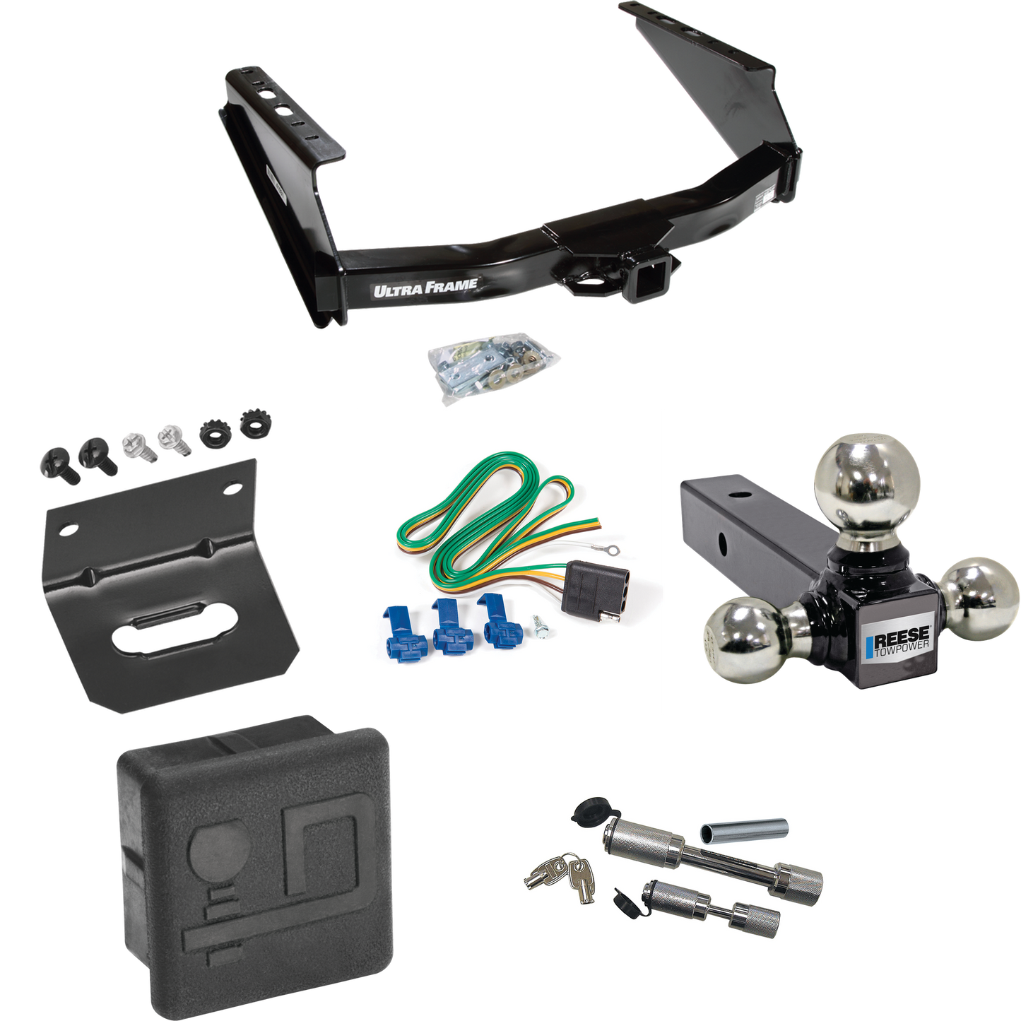 Fits 1999-2016 Ford F-350 Super Duty Trailer Hitch Tow PKG w/ 4-Flat Wiring Harness + Triple Ball Ball Mount 1-7/8" & 2" & 2-5/16" Trailer Balls + Dual Hitch & Coupler Locks + Hitch Cover + Wiring Bracket (Excludes: Cab & Chassis Models) By Draw-Tite