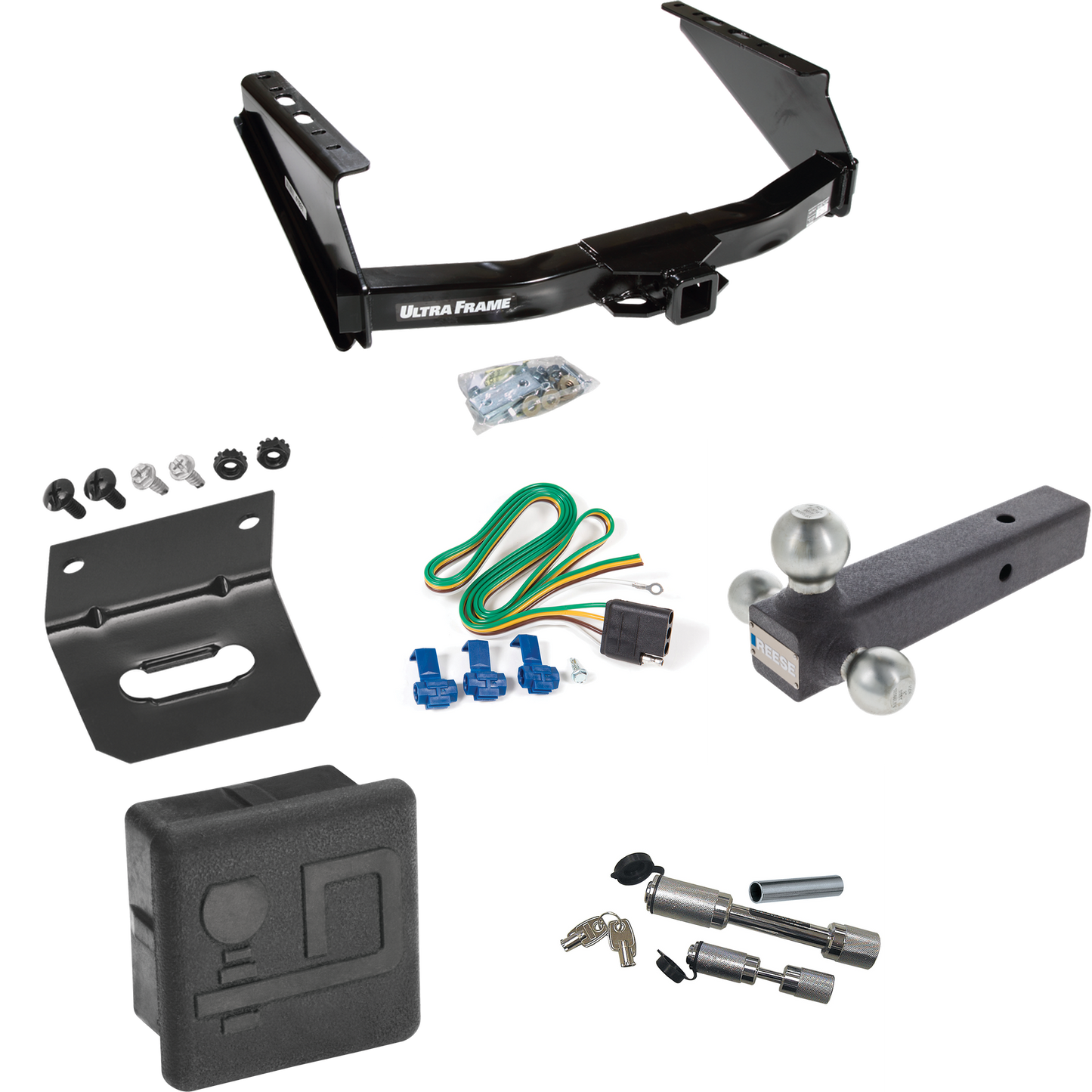 Fits 1999-2016 Ford F-250 Super Duty Trailer Hitch Tow PKG w/ 4-Flat Wiring Harness + Triple Ball Ball Mount 1-7/8" & 2" & 2-5/16" Trailer Balls + Dual Hitch & Coupler Locks + Hitch Cover + Wiring Bracket (Excludes: Cab & Chassis Models) By Draw-Tite