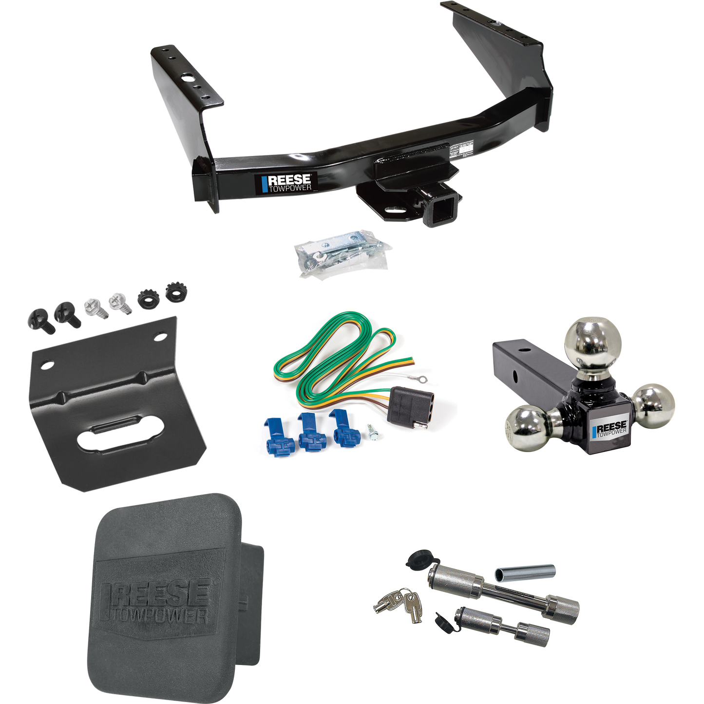 Fits 1999-2004 Ford F-250 Super Duty Trailer Hitch Tow PKG w/ 4-Flat Wiring Harness + Triple Ball Ball Mount 1-7/8" & 2" & 2-5/16" Trailer Balls + Dual Hitch & Coupler Locks + Hitch Cover + Wiring Bracket (Excludes: Cab & Chassis Models) By Reese Tow