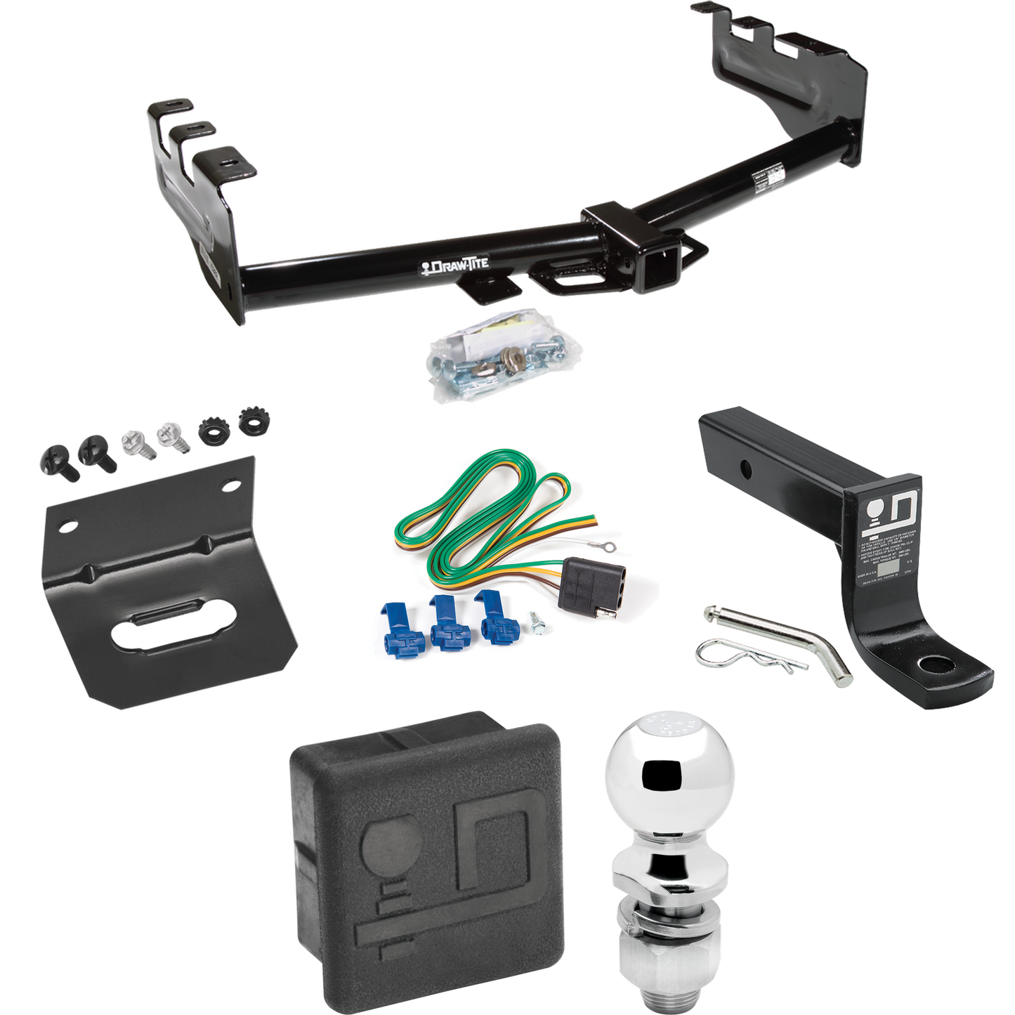 Fits 1999-2002 GMC Sierra 1500 Trailer Hitch Tow PKG w/ 4-Flat Wiring + Ball Mount w/ 4" Drop + 2" Ball + Wiring Bracket + Hitch Cover By Draw-Tite