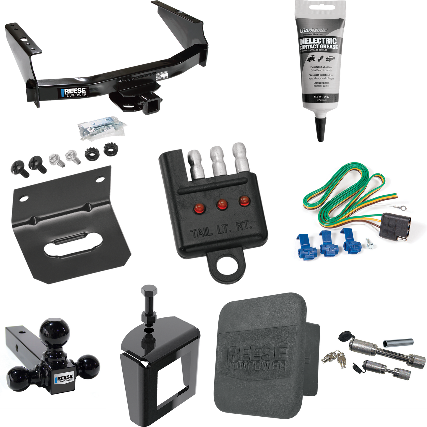 Fits 1999-2004 Ford F-350 Super Duty Trailer Hitch Tow PKG w/ 4-Flat Wiring Harness + Triple Ball Ball Mount 1-7/8" & 2" & 2-5/16" Trailer Balls + Dual Hitch & Coupler Locks + Hitch Cover + Wiring Bracket + Wiring Tester + Electric Grease + Anti Ratt