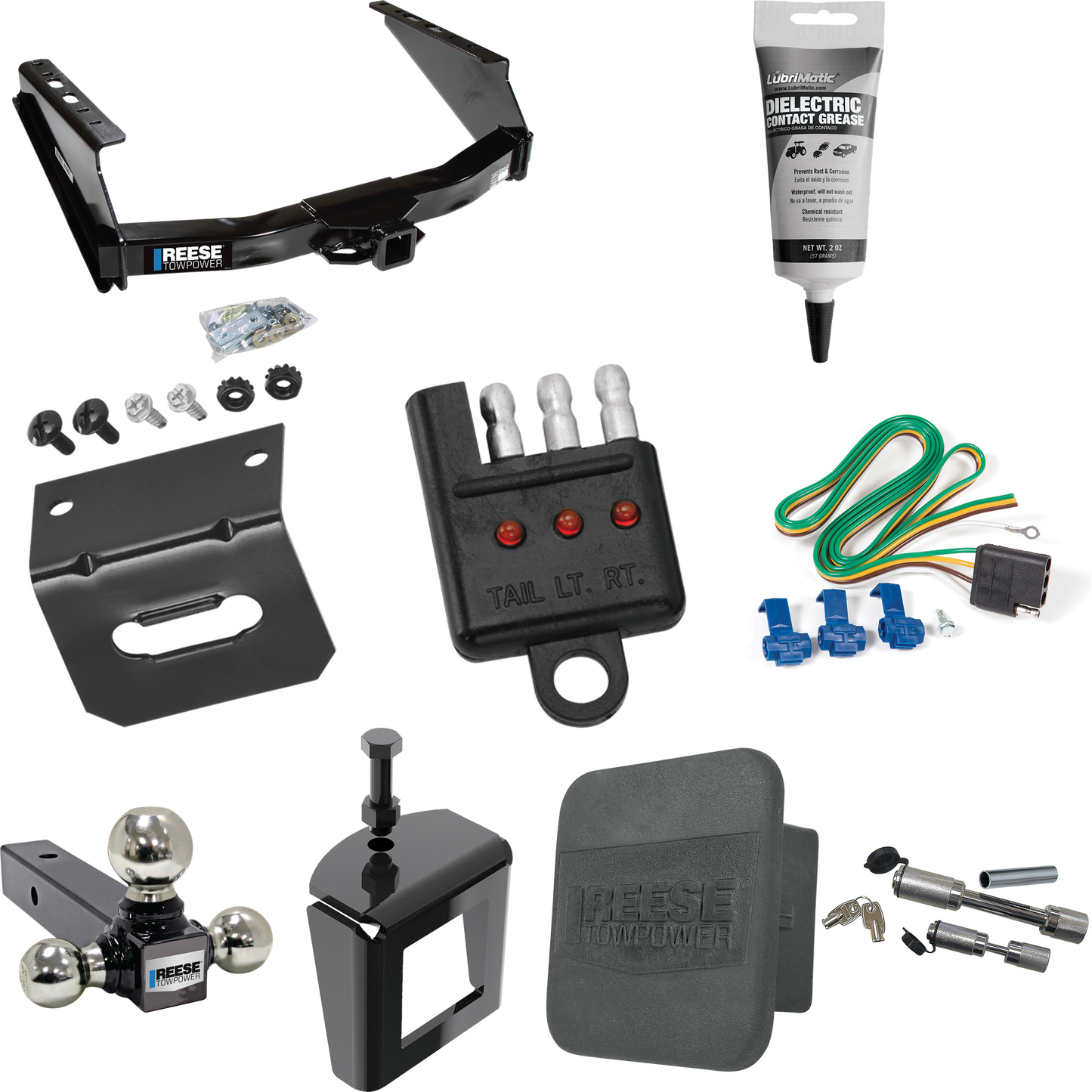 Fits 1999-2023 Ford F-250 Super Duty Trailer Hitch Tow PKG w/ 4-Flat Wiring Harness + Triple Ball Ball Mount 1-7/8" & 2" & 2-5/16" Trailer Balls + Dual Hitch & Coupler Locks + Hitch Cover + Wiring Bracket + Wiring Tester + Electric Grease + Anti Ratt