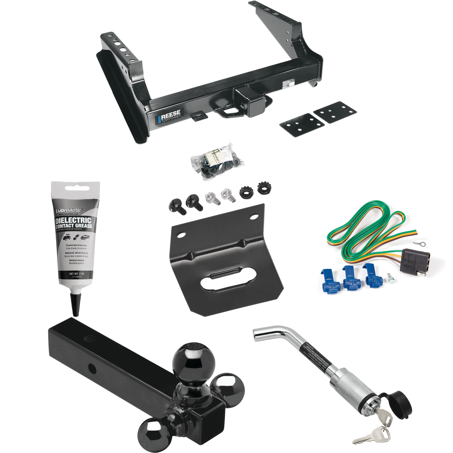 Fits 1999-2023 Ford F-350 Super Duty Trailer Hitch Tow PKG w/ 4-Flat Wiring Harness + Triple Ball Ball Mount 1-7/8" & 2" & 2-5/16" Trailer Balls + Hitch Lock + Wiring Bracket + Electric Grease (Excludes: Cab & Chassis Models) By Reese Towpower