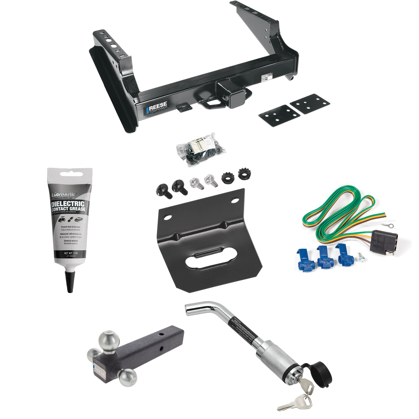 Fits 2008-2023 Ford F-450 Super Duty Trailer Hitch Tow PKG w/ 4-Flat Wiring Harness + Triple Ball Ball Mount 1-7/8" & 2" & 2-5/16" Trailer Balls + Hitch Lock + Wiring Bracket + Electric Grease (Excludes: Cab & Chassis Models) By Reese Towpower