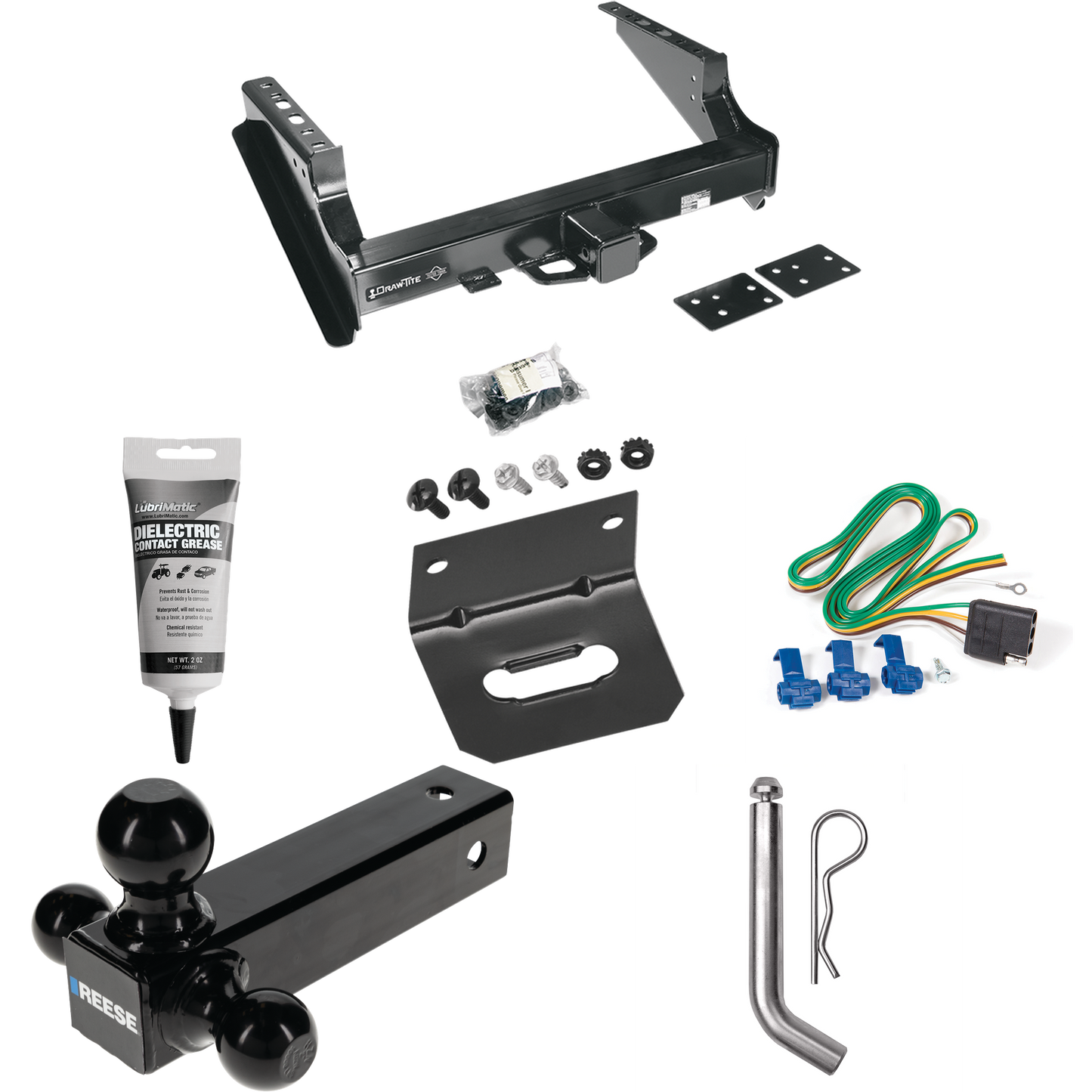 Fits 1999-2016 Ford F-350 Super Duty Trailer Hitch Tow PKG w/ 4-Flat Wiring Harness + Triple Ball Ball Mount 1-7/8" & 2" & 2-5/16" Trailer Balls + Pin/Clip + Wiring Bracket + Electric Grease (Excludes: Cab & Chassis Models) By Draw-Tite