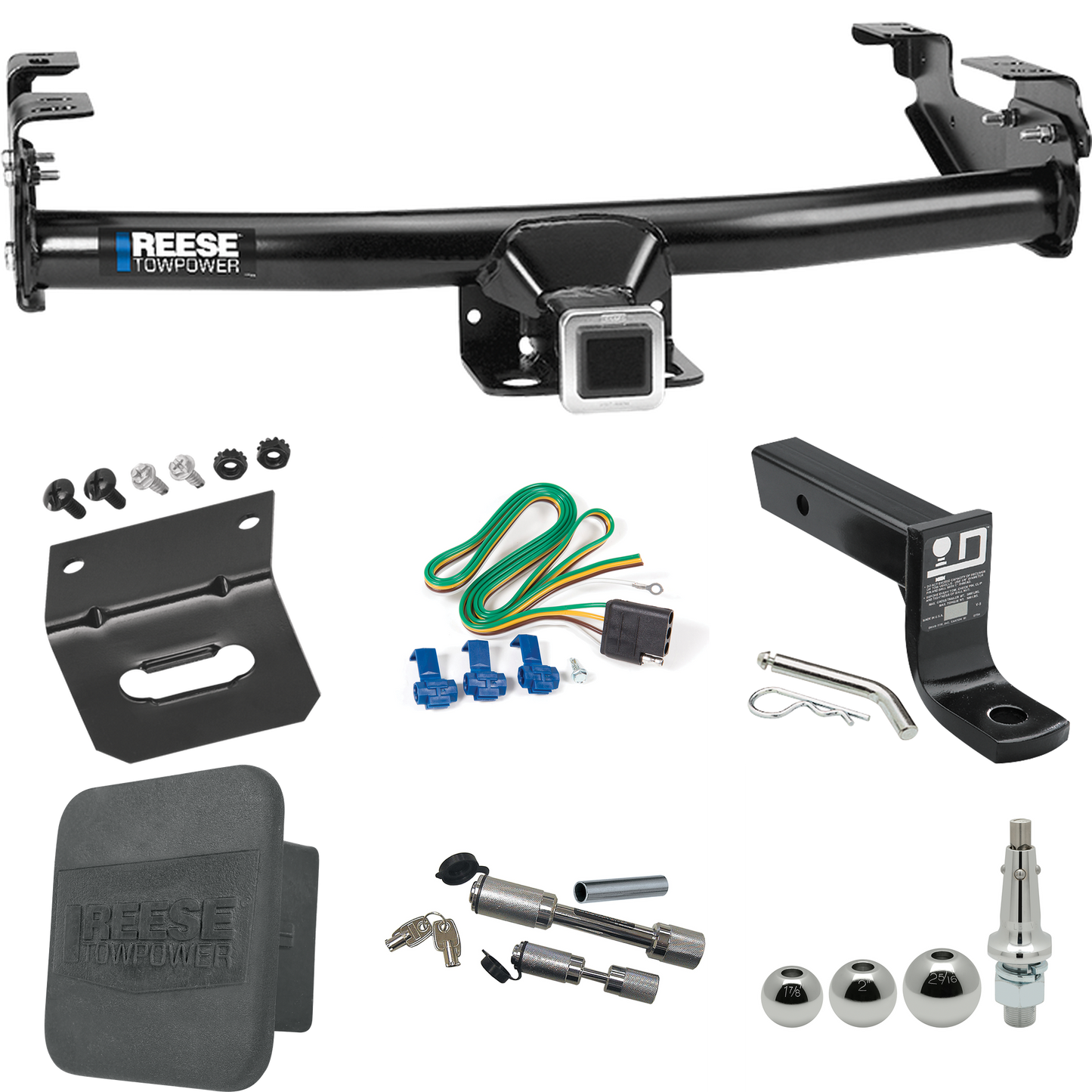 Fits 1980-1986 Ford F-150 Trailer Hitch Tow PKG w/ 4-Flat Wiring + Ball Mount w/ 4" Drop + Interchangeable Ball 1-7/8" & 2" & 2-5/16" + Wiring Bracket + Dual Hitch & Coupler Locks + Hitch Cover (Excludes: w/Custom Fascia Models) By Reese Towpower