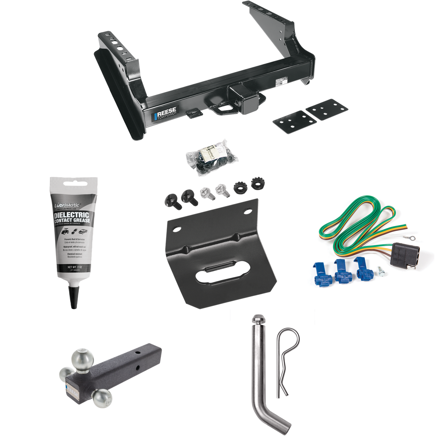 Fits 1999-2023 Ford F-350 Super Duty Trailer Hitch Tow PKG w/ 4-Flat Wiring Harness + Triple Ball Ball Mount 1-7/8" & 2" & 2-5/16" Trailer Balls + Pin/Clip + Wiring Bracket + Electric Grease (Excludes: Cab & Chassis Models) By Reese Towpower