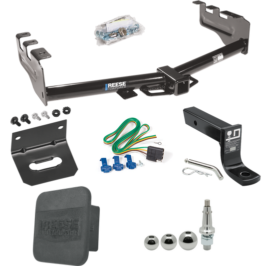 Fits 1999-2004 GMC Sierra 2500 Trailer Hitch Tow PKG w/ 4-Flat Wiring + Ball Mount w/ 4" Drop + Interchangeable Ball 1-7/8" & 2" & 2-5/16" + Wiring Bracket + Hitch Cover By Reese Towpower