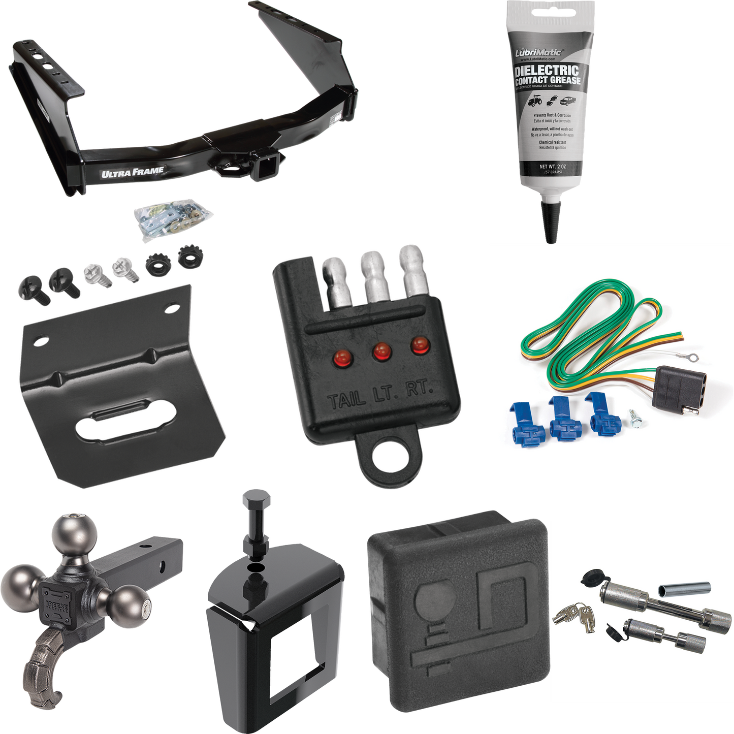 Fits 1999-2016 Ford F-350 Super Duty Trailer Hitch Tow PKG w/ 4-Flat Wiring Harness + Triple Ball Ball Mount 1-7/8" & 2" & 2-5/16" Trailer Balls w/ Tow Hook + Dual Hitch & Coupler Locks + Hitch Cover + Wiring Bracket + Wiring Tester + Electric Grease