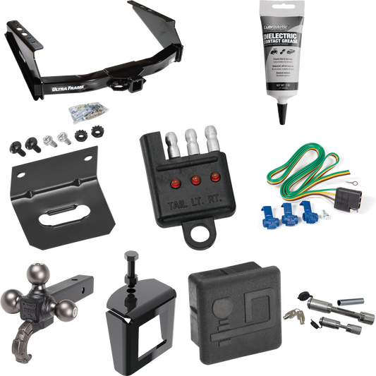 Fits 1999-2016 Ford F-350 Super Duty Trailer Hitch Tow PKG w/ 4-Flat Wiring Harness + Triple Ball Ball Mount 1-7/8" & 2" & 2-5/16" Trailer Balls w/ Tow Hook + Dual Hitch & Coupler Locks + Hitch Cover + Wiring Bracket + Wiring Tester + Electric Grease