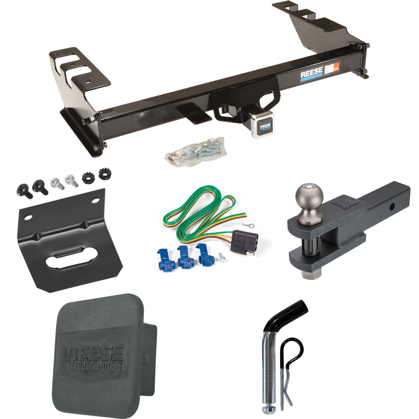 Fits 2003-2007 Chevrolet Silverado 1500 Trailer Hitch Tow PKG w/ 4-Flat Wiring + Clevis Hitch Ball Mount w/ 2" Ball + Pin/Clip + Wiring Bracket + Hitch Cover (For (Classic) Models) By Reese Towpower