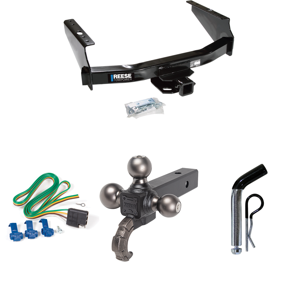 Fits 1999-2004 Ford F-250 Super Duty Trailer Hitch Tow PKG w/ 4-Flat Wiring Harness + Triple Ball Ball Mount 1-7/8" & 2" & 2-5/16" Trailer Balls w/ Tow Hook + Pin/Clip (Excludes: Cab & Chassis Models) By Reese Towpower