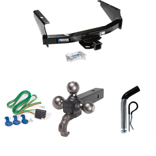 Fits 1999-2004 Ford F-250 Super Duty Trailer Hitch Tow PKG w/ 4-Flat Wiring Harness + Triple Ball Ball Mount 1-7/8" & 2" & 2-5/16" Trailer Balls w/ Tow Hook + Pin/Clip (Excludes: Cab & Chassis Models) By Reese Towpower