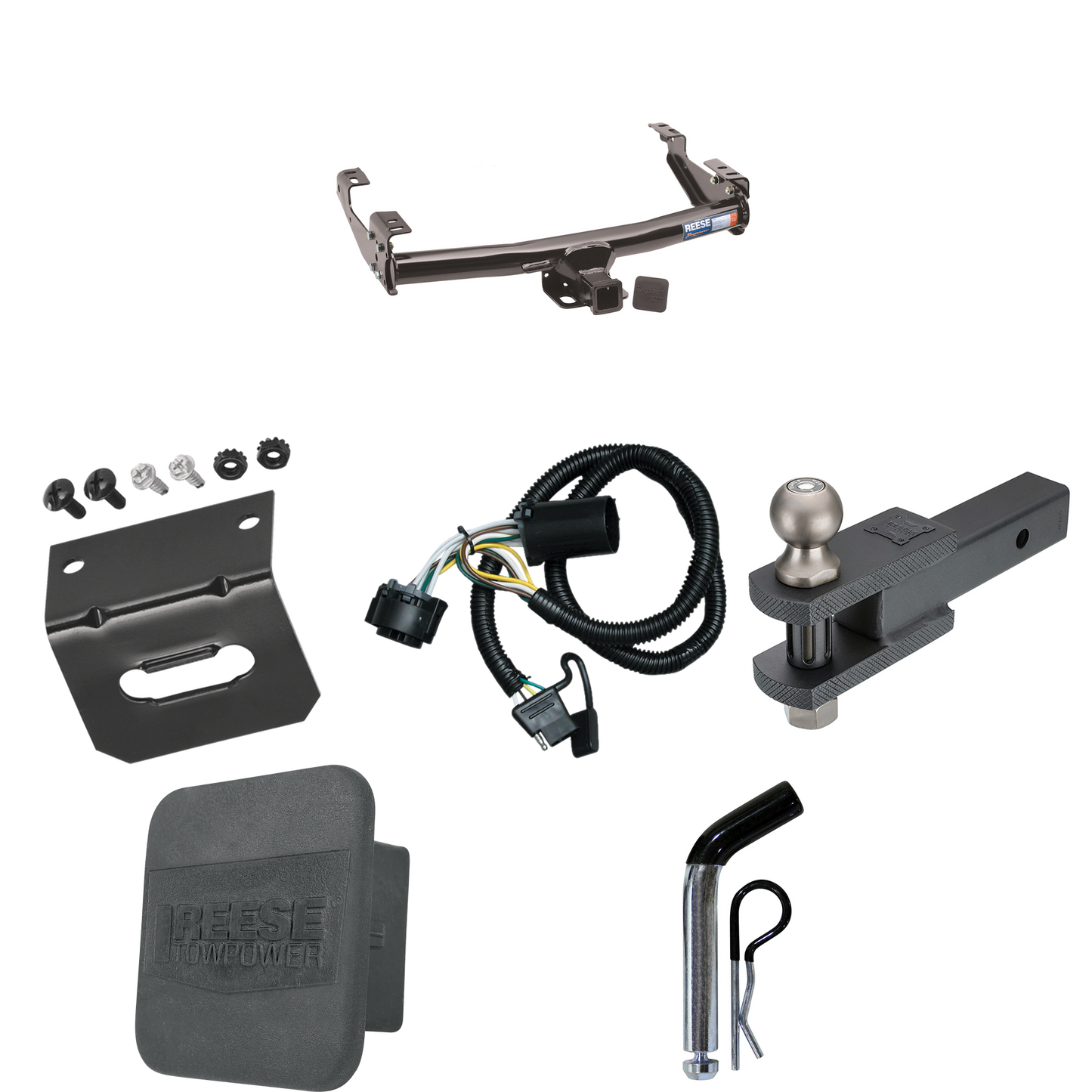 Fits 1999-2004 GMC Sierra 2500 Trailer Hitch Tow PKG w/ 4-Flat Wiring + Clevis Hitch Ball Mount w/ 2" Ball + Pin/Clip + Wiring Bracket + Hitch Cover By Reese Towpower