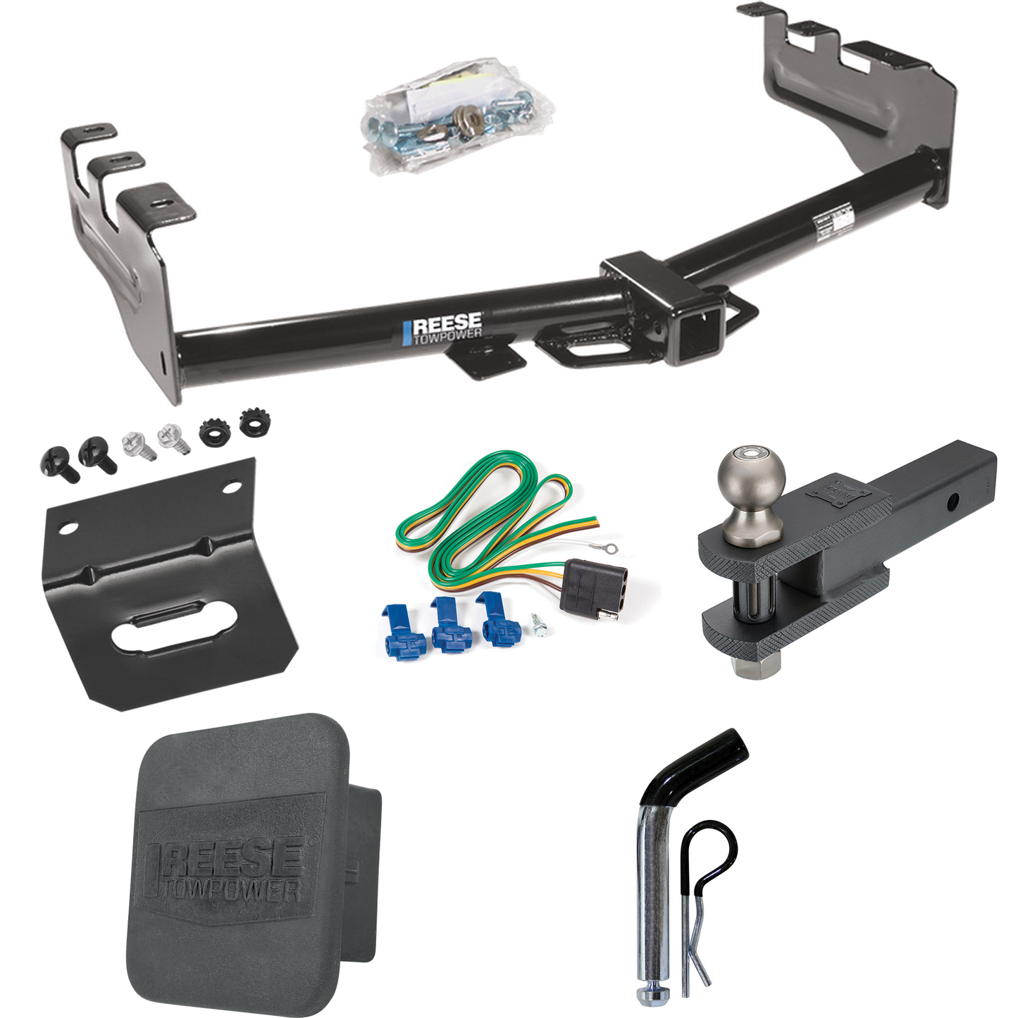 Fits 2003-2007 Chevrolet Silverado 1500 Trailer Hitch Tow PKG w/ 4-Flat Wiring + Clevis Hitch Ball Mount w/ 2" Ball + Pin/Clip + Wiring Bracket + Hitch Cover (For (Classic) Models) By Reese Towpower