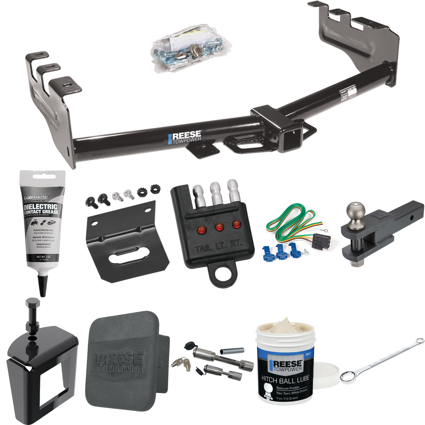 Fits 1999-2004 GMC Sierra 2500 Trailer Hitch Tow PKG w/ 4-Flat Wiring + Clevis Hitch Ball Mount w/ 2" Ball + Wiring Bracket + Hitch Cover + Dual Hitch & Coupler Locks + Wiring Tester + Ball Lube + Electric Grease + Ball Wrench + Anti Rattle Device By