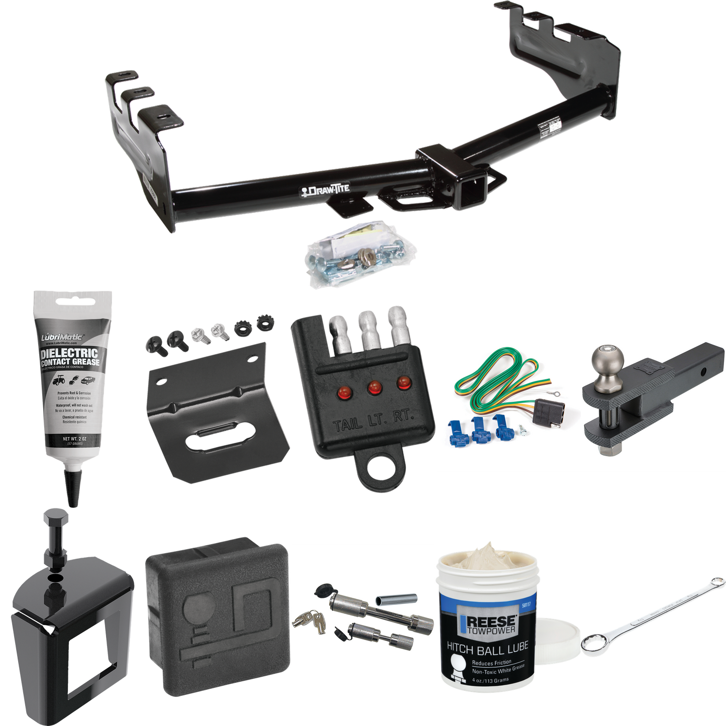 Fits 1999-2004 GMC Sierra 2500 Trailer Hitch Tow PKG w/ 4-Flat Wiring + Clevis Hitch Ball Mount w/ 2" Ball + Wiring Bracket + Hitch Cover + Dual Hitch & Coupler Locks + Wiring Tester + Ball Lube + Electric Grease + Ball Wrench + Anti Rattle Device By