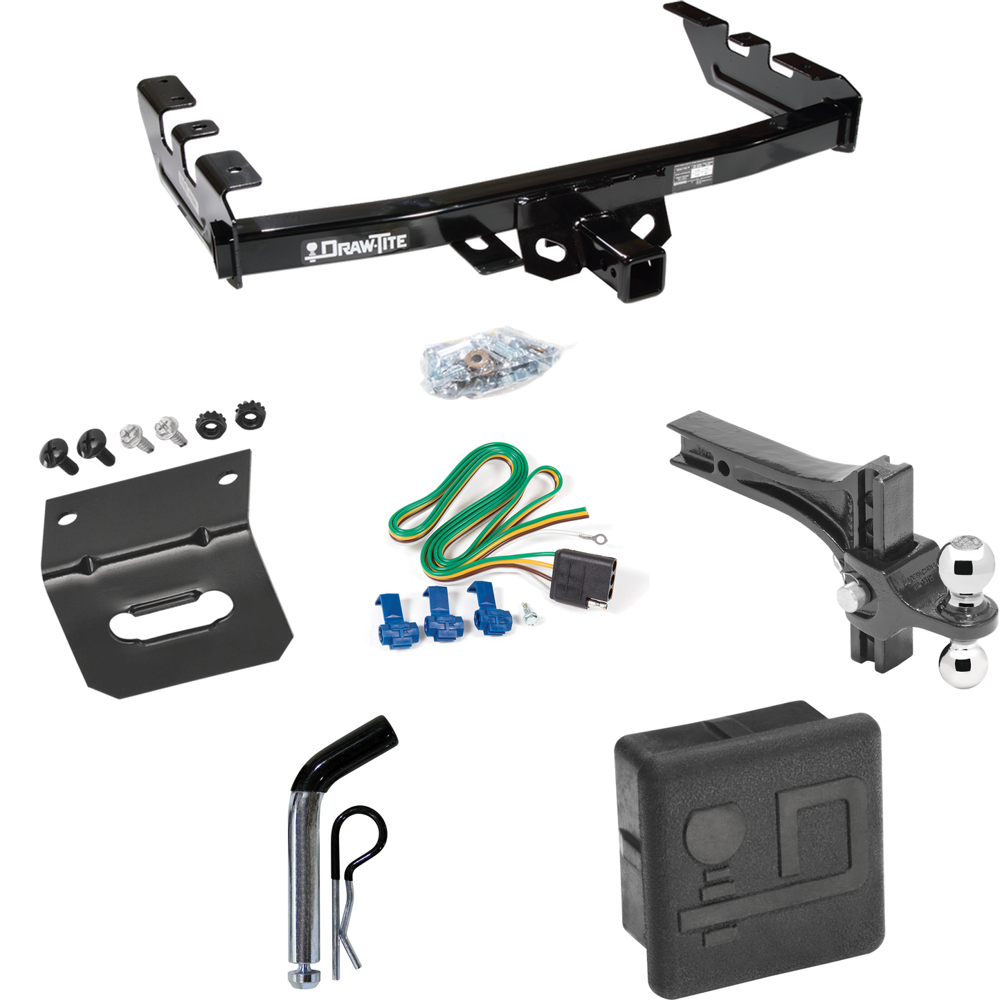 Fits 2005-2007 Chevrolet Silverado 1500 HD Trailer Hitch Tow PKG w/ 4-Flat Wiring + Dual Adjustable Drop Rise Ball Ball Mount 2" & 2-5/16" Trailer Balls + Pin/Clip + Wiring Bracket + Hitch Cover (For (Classic) Models) By Draw-Tite