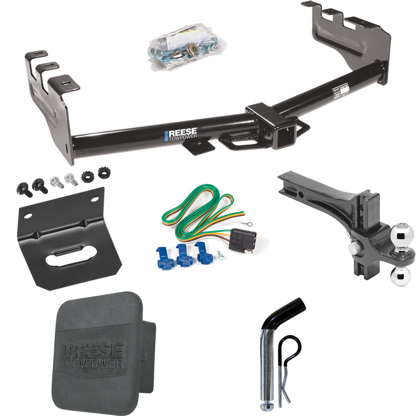 Fits 1999-2004 Chevrolet Silverado 2500 Trailer Hitch Tow PKG w/ 4-Flat Wiring + Dual Adjustable Drop Rise Ball Ball Mount 2" & 2-5/16" Trailer Balls + Pin/Clip + Wiring Bracket + Hitch Cover By Reese Towpower