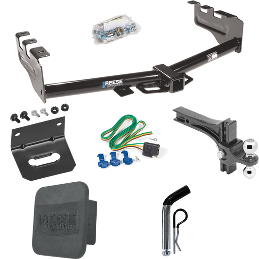 Fits 1999-2004 Chevrolet Silverado 2500 Trailer Hitch Tow PKG w/ 4-Flat Wiring + Dual Adjustable Drop Rise Ball Ball Mount 2" & 2-5/16" Trailer Balls + Pin/Clip + Wiring Bracket + Hitch Cover By Reese Towpower