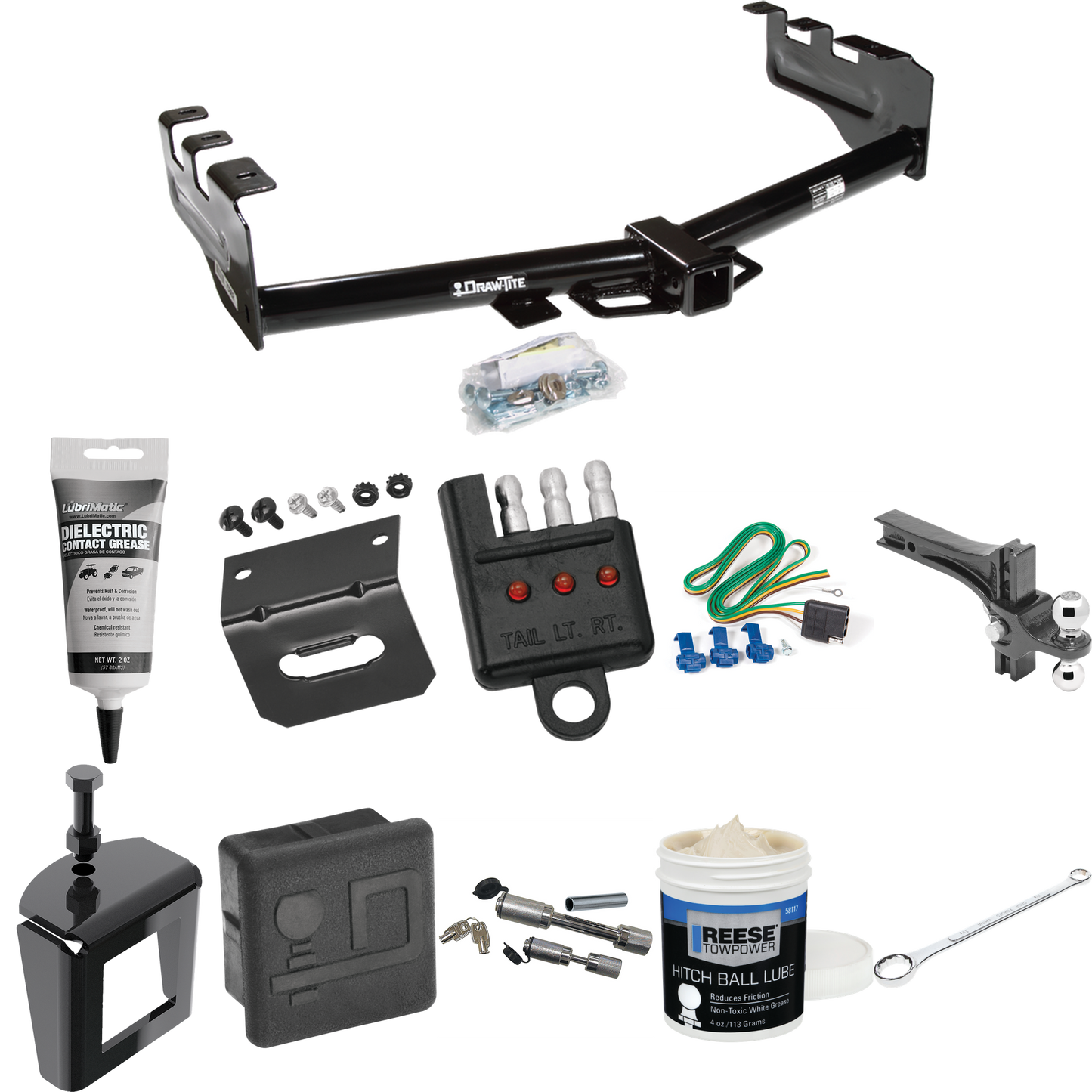 Fits 2003-2007 GMC Sierra 1500 Trailer Hitch Tow PKG w/ 4-Flat Wiring + Dual Adjustable Drop Rise Ball Ball Mount 2" & 2-5/16" Trailer Balls + Wiring Bracket + Hitch Cover + Dual Hitch & Coupler Locks + Wiring Tester + Ball Lube + Electric Grease + B