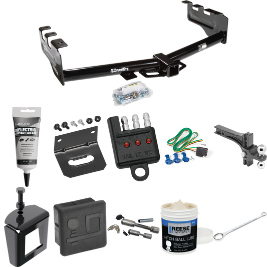 Fits 2003-2007 GMC Sierra 1500 Trailer Hitch Tow PKG w/ 4-Flat Wiring + Dual Adjustable Drop Rise Ball Ball Mount 2" & 2-5/16" Trailer Balls + Wiring Bracket + Hitch Cover + Dual Hitch & Coupler Locks + Wiring Tester + Ball Lube + Electric Grease + B