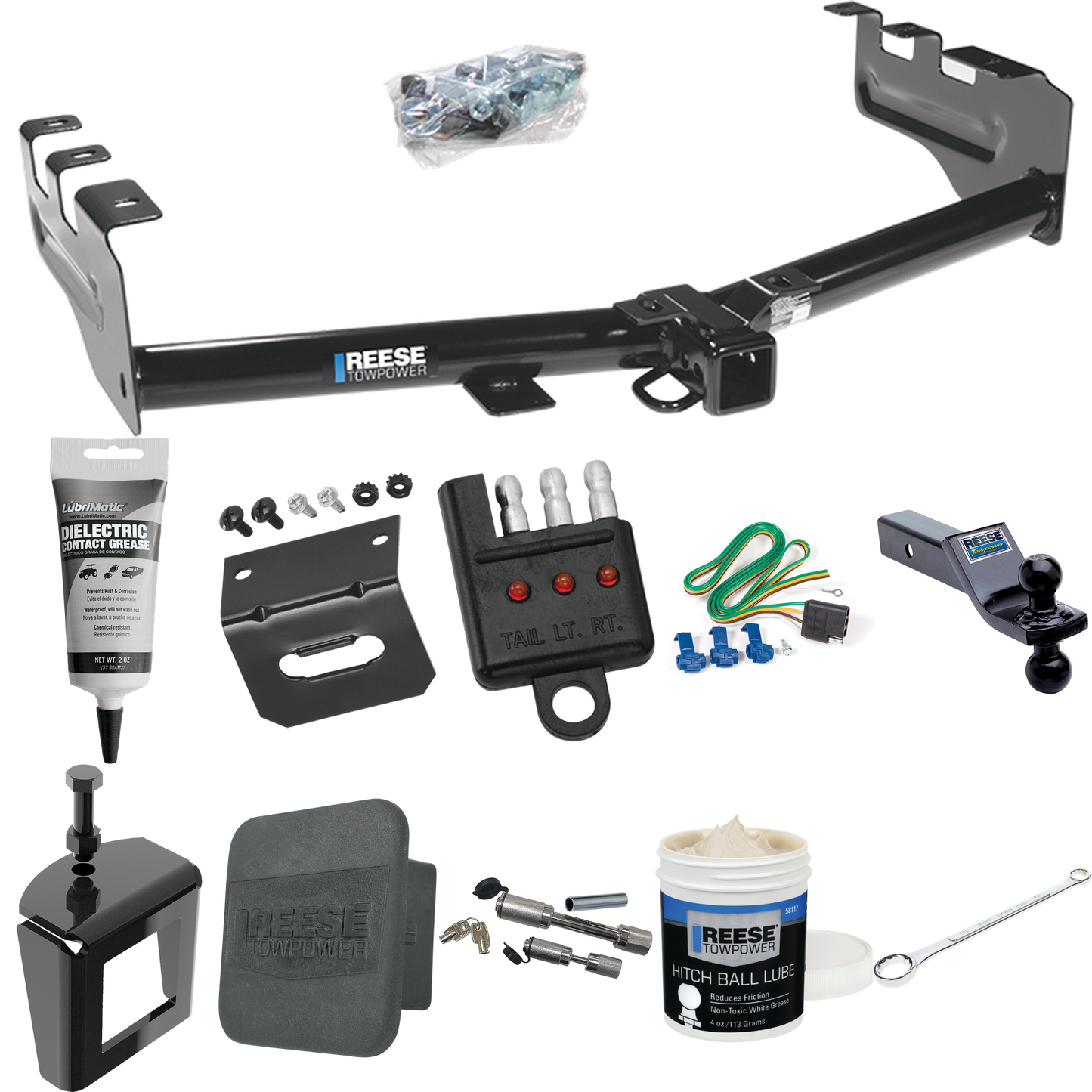 Fits 2003-2007 GMC Sierra 1500 Trailer Hitch Tow PKG w/ 4-Flat Wiring + Dual Ball Ball Mount 1-7/8" & 2" Trailer Balls + Wiring Bracket + Hitch Cover + Dual Hitch & Coupler Locks + Wiring Tester + Ball Lube + Electric Grease + Ball Wrench + Anti Ratt