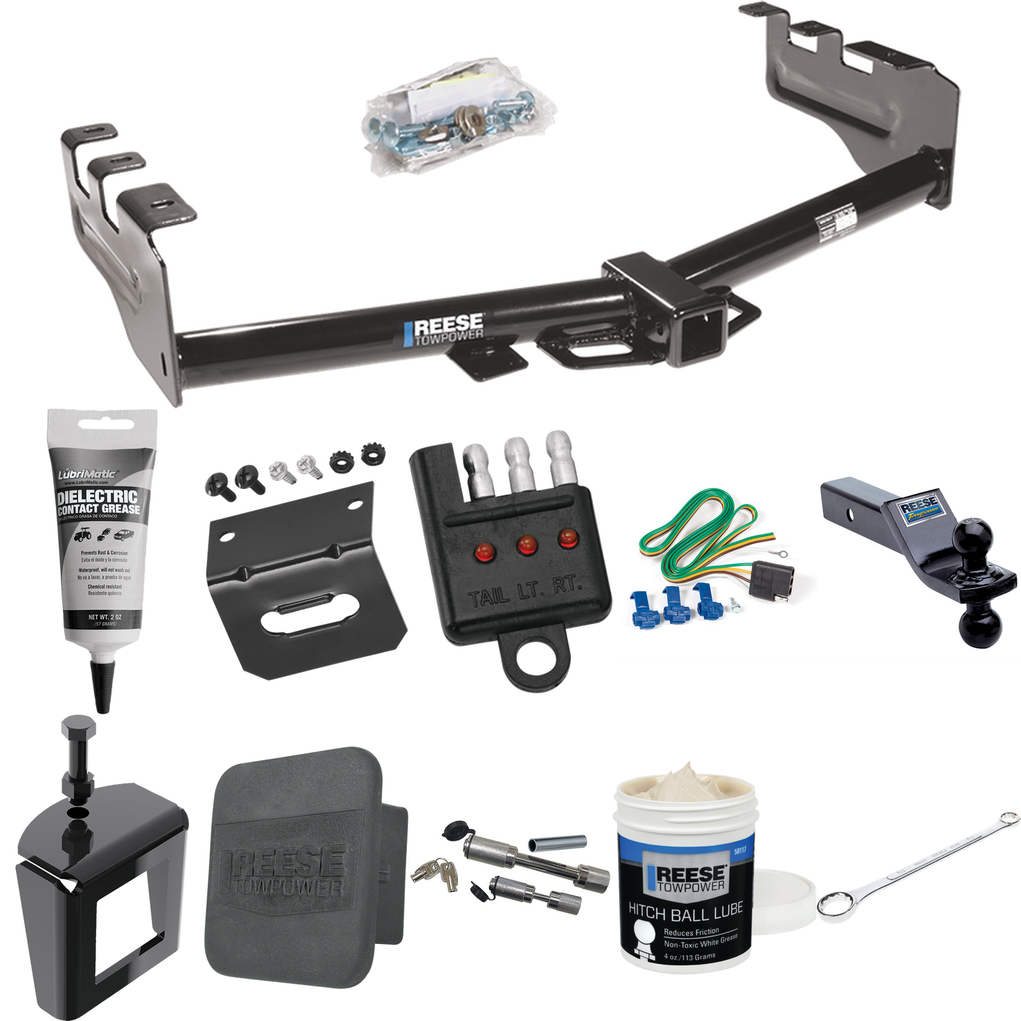 Fits 2001-2003 Chevrolet Silverado 1500 HD Trailer Hitch Tow PKG w/ 4-Flat Wiring + Dual Ball Ball Mount 1-7/8" & 2" Trailer Balls + Wiring Bracket + Hitch Cover + Dual Hitch & Coupler Locks + Wiring Tester + Ball Lube + Electric Grease + Ball Wrench