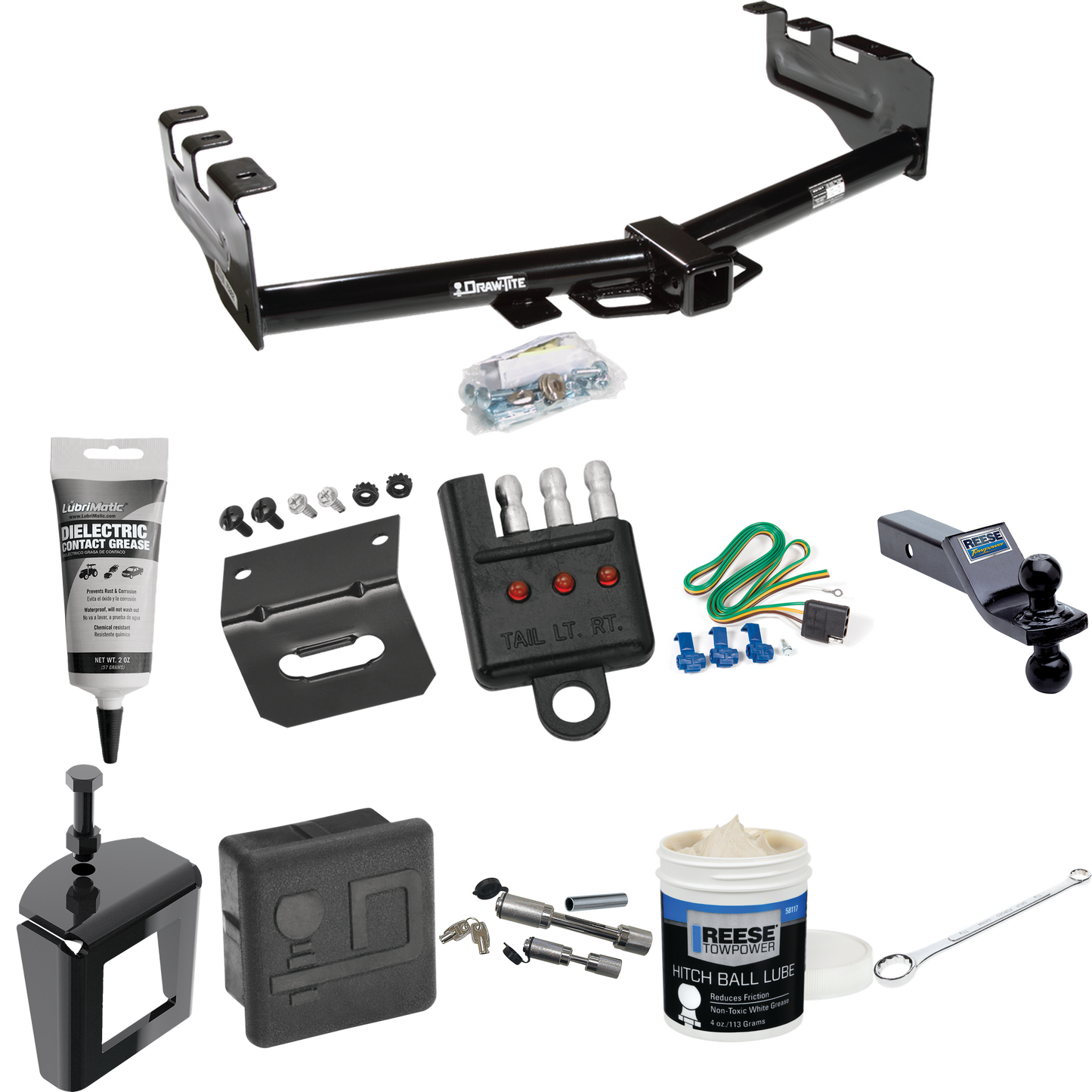 Fits 1999-2004 GMC Sierra 2500 Trailer Hitch Tow PKG w/ 4-Flat Wiring + Dual Ball Ball Mount 1-7/8" & 2" Trailer Balls + Wiring Bracket + Hitch Cover + Dual Hitch & Coupler Locks + Wiring Tester + Ball Lube + Electric Grease + Ball Wrench + Anti Ratt