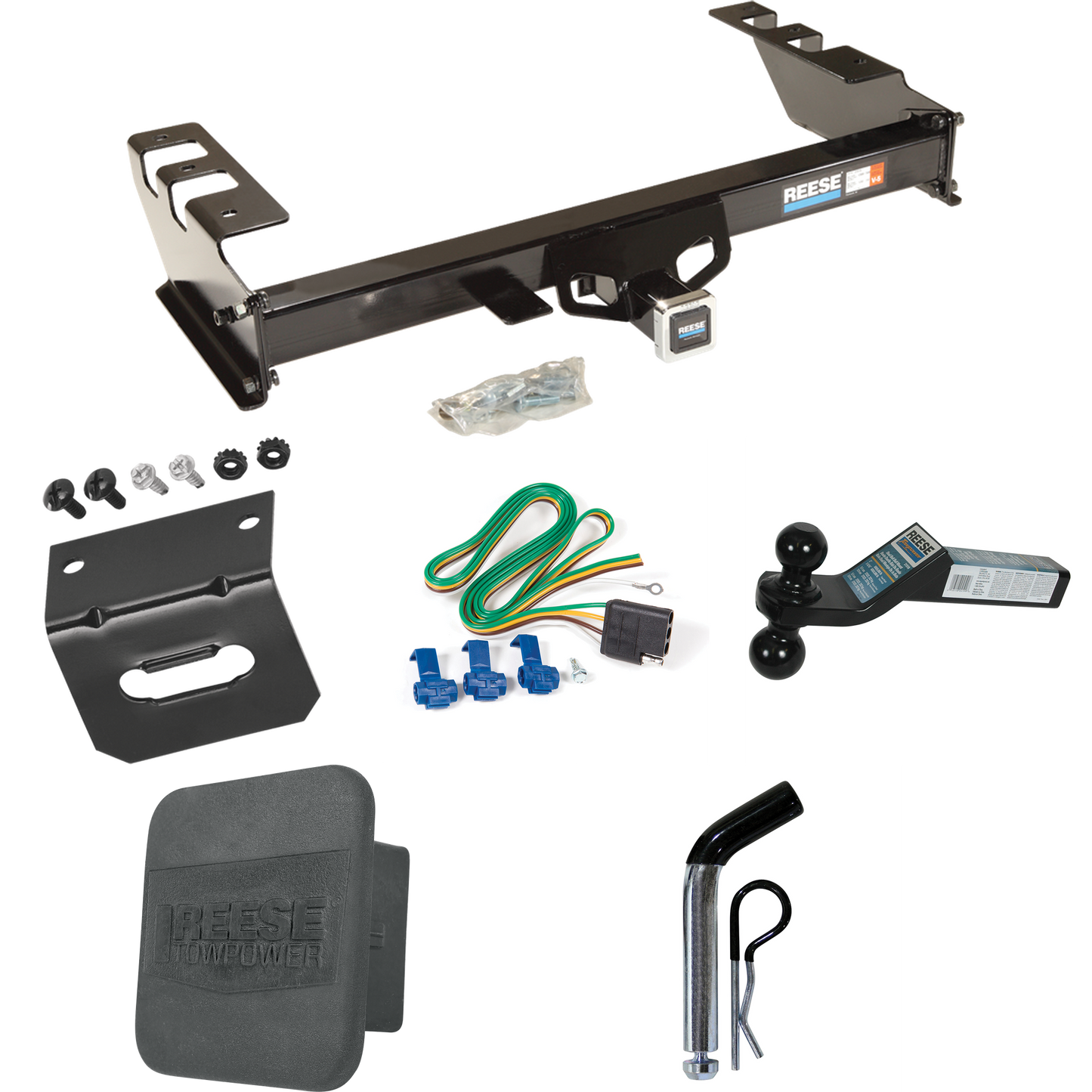 Se adapta al paquete de remolque con enganche para remolque Chevrolet Silverado 1500 HD 2005-2007 con 4 cables planos + soporte de bola doble de 2" y 2-5/16" + pasador/clip + soporte de cableado + cubierta de enganche de Reese Towpower