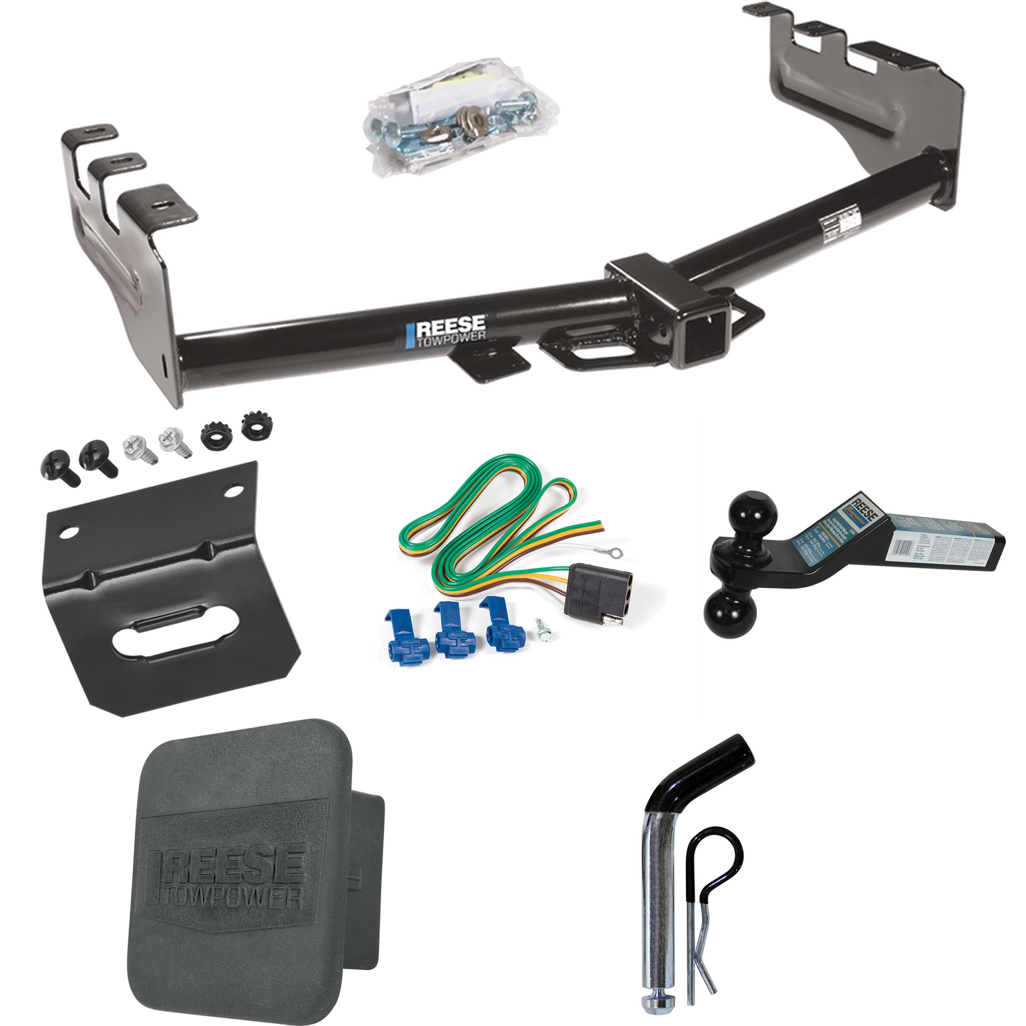 Fits 2001-2003 GMC Sierra 1500 HD Trailer Hitch Tow PKG w/ 4-Flat Wiring + Dual Ball Ball Mount 2" & 2-5/16" Trailer Balls + Pin/Clip + Wiring Bracket + Hitch Cover By Reese Towpower