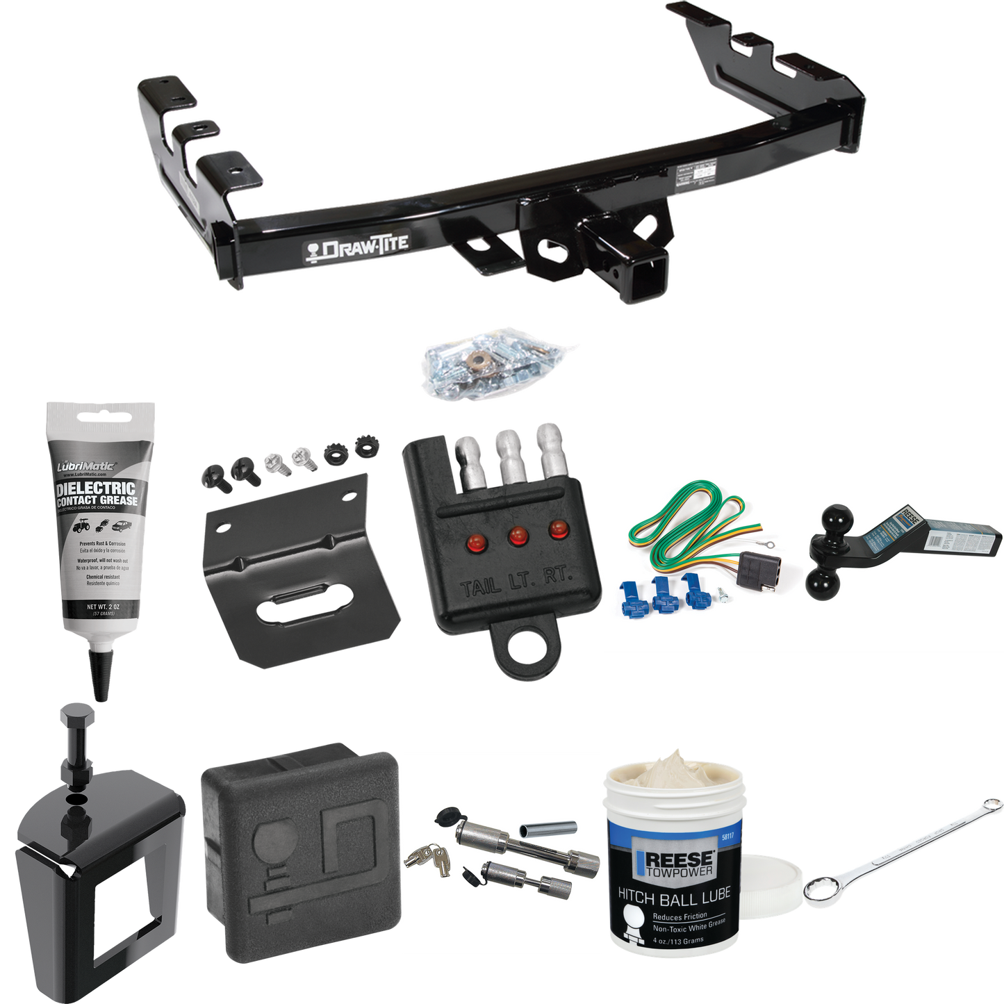 Fits 1999-2002 Chevrolet Silverado 1500 Trailer Hitch Tow PKG w/ 4-Flat Wiring + Dual Ball Ball Mount 2" & 2-5/16" Trailer Balls + Wiring Bracket + Hitch Cover + Dual Hitch & Coupler Locks + Wiring Tester + Ball Lube + Electric Grease + Ball Wrench +