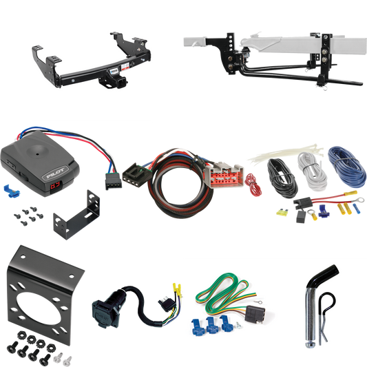 Fits 1999-2004 Ford F-250 Super Duty Trailer Hitch Tow PKG w/ 8K Round Bar Weight Distribution Hitch w/ 2-5/16" Ball + Pin/Clip + Pro Series Pilot Brake Control + Plug & Play BC Adapter + 7-Way RV Wiring (Excludes: Cab & Chassis Models) By Reese Towp