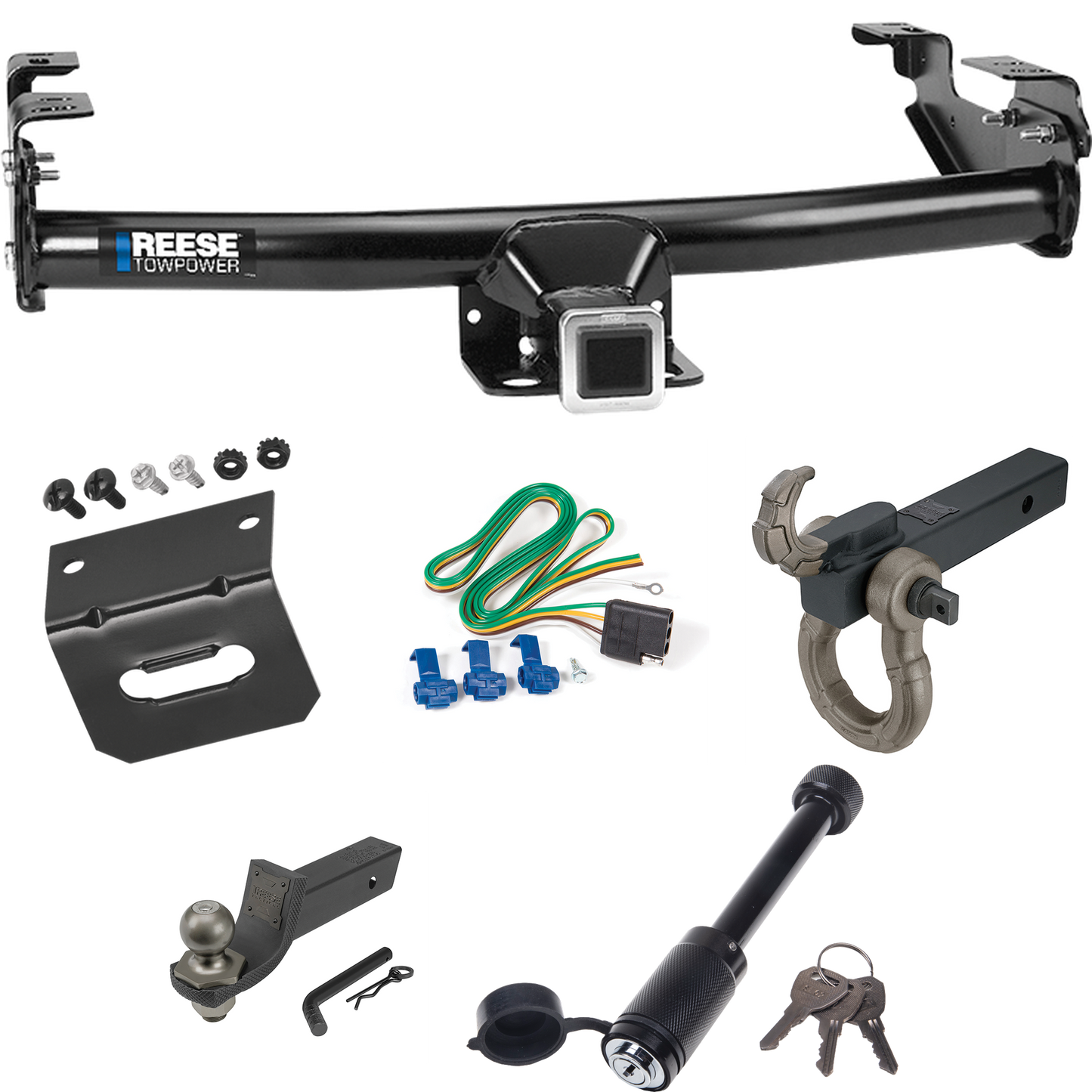 Fits 2004-2005 Ford F-150 Trailer Hitch Tow PKG w/ 4-Flat Wiring + Interlock Tactical Starter Kit w/ 2" Drop & 2" Ball + Tactical Hook & Shackle Mount + Tactical Dogbone Lock + Wiring Bracket By Reese Towpower